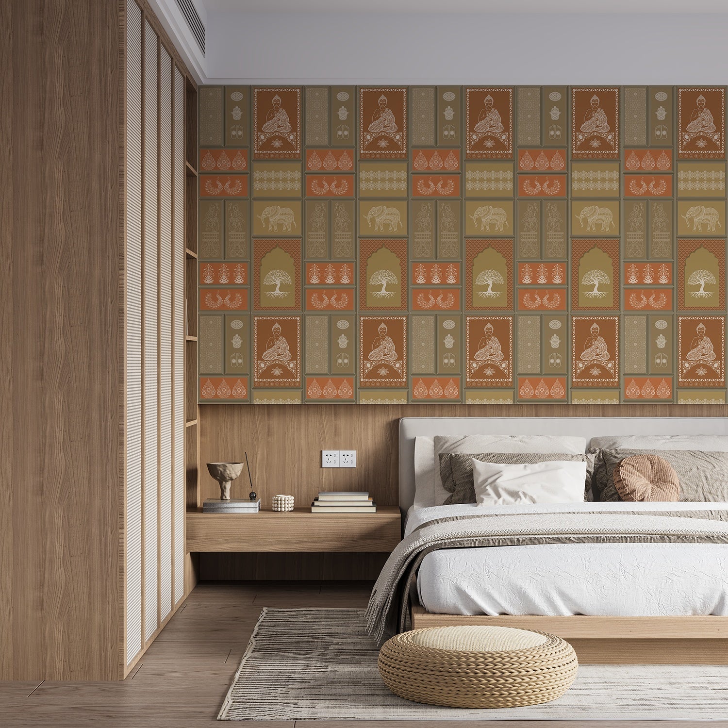 Traditional Asian temple and tree symbols in terracotta and sage green geometric grid - final bed-room