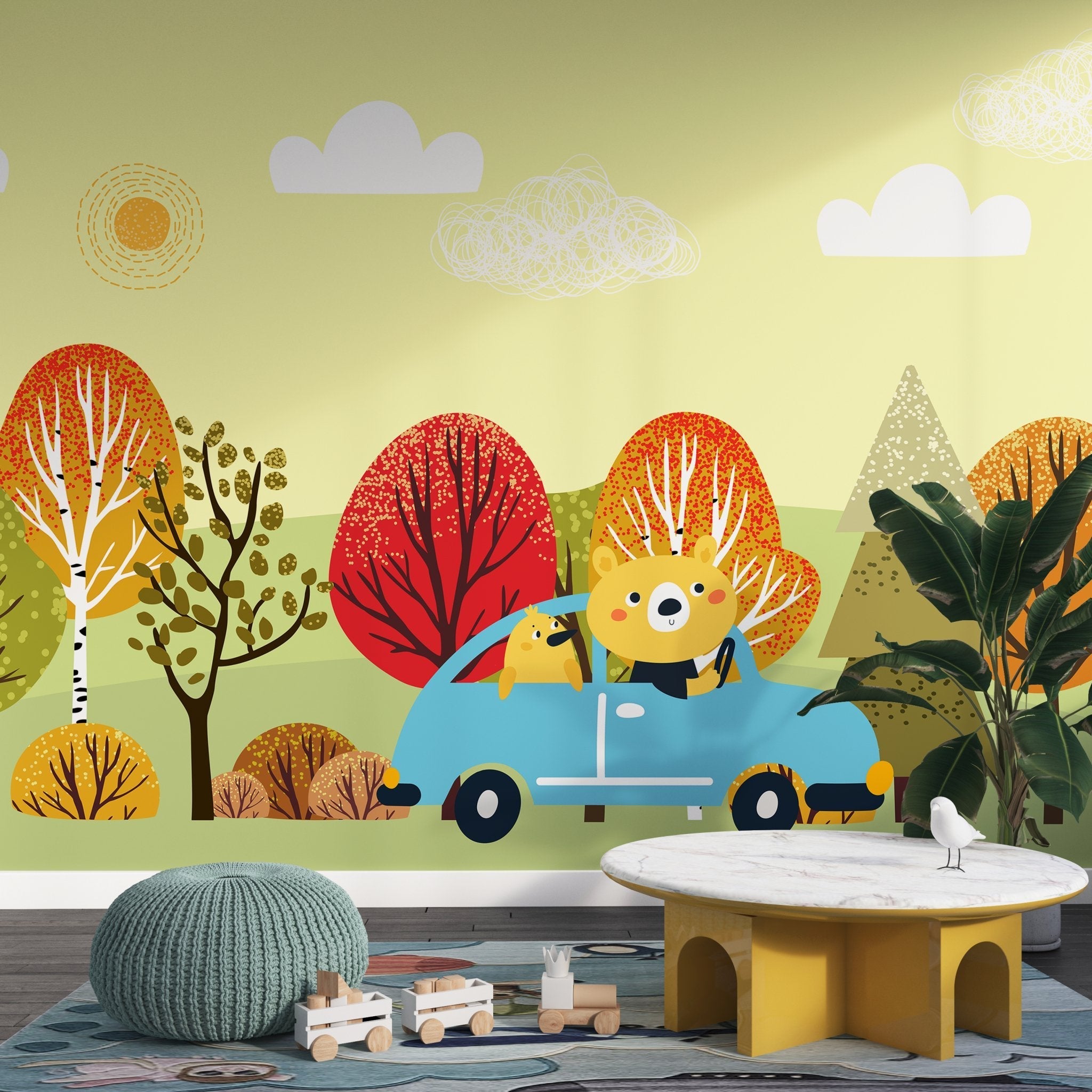 Cartoon bear driving blue car through colorful autumn forest landscape with whimsical trees - view 13 - final