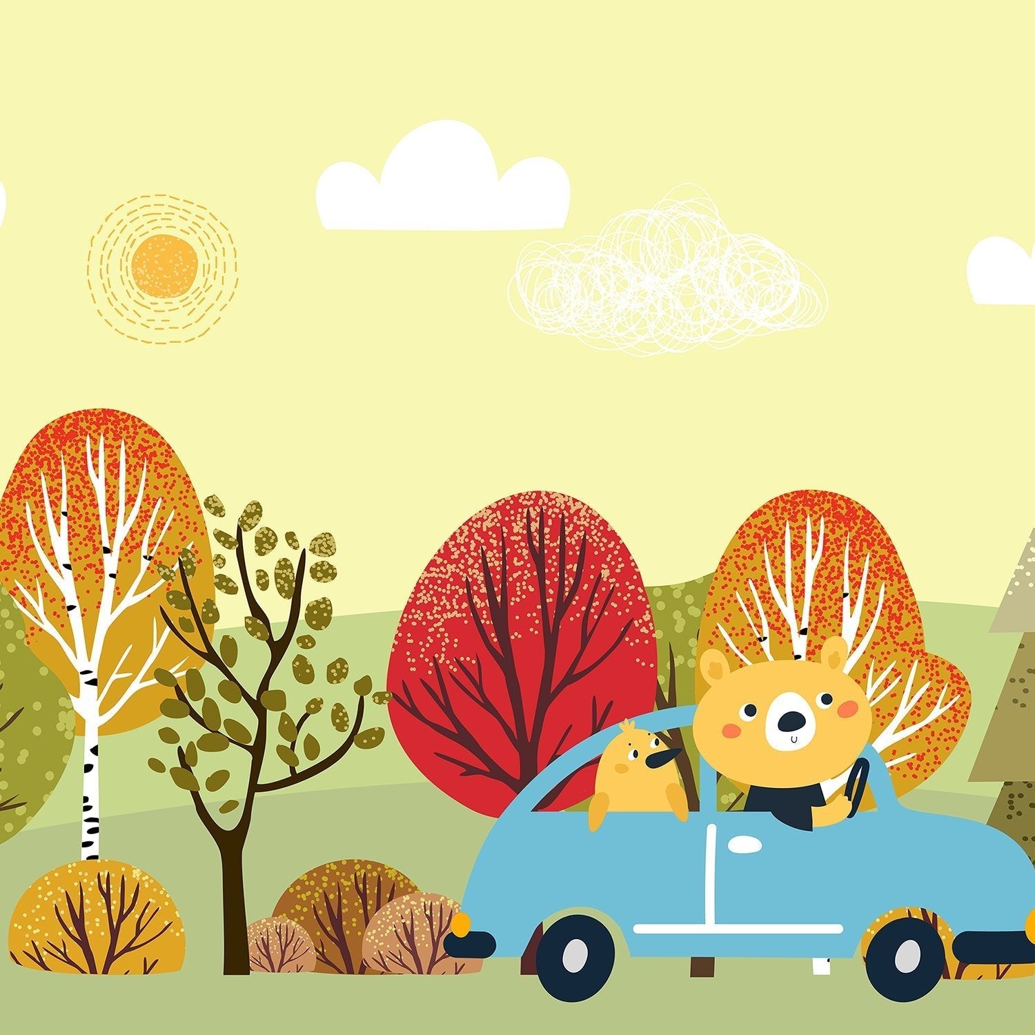 Cartoon bear driving blue car through colorful autumn forest landscape with whimsical trees - view 14 - final