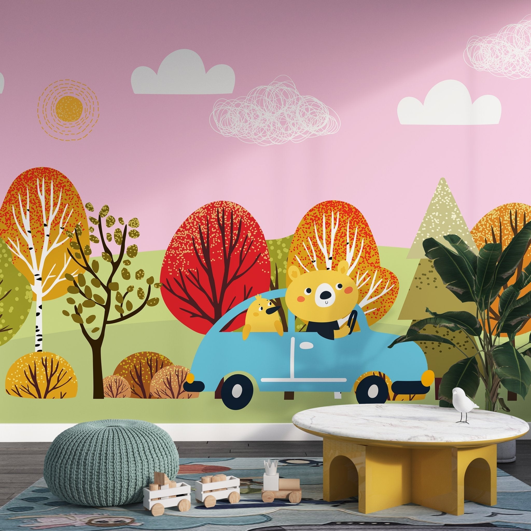 Cartoon bear driving blue car through colorful autumn forest landscape with whimsical trees - view 17 - final