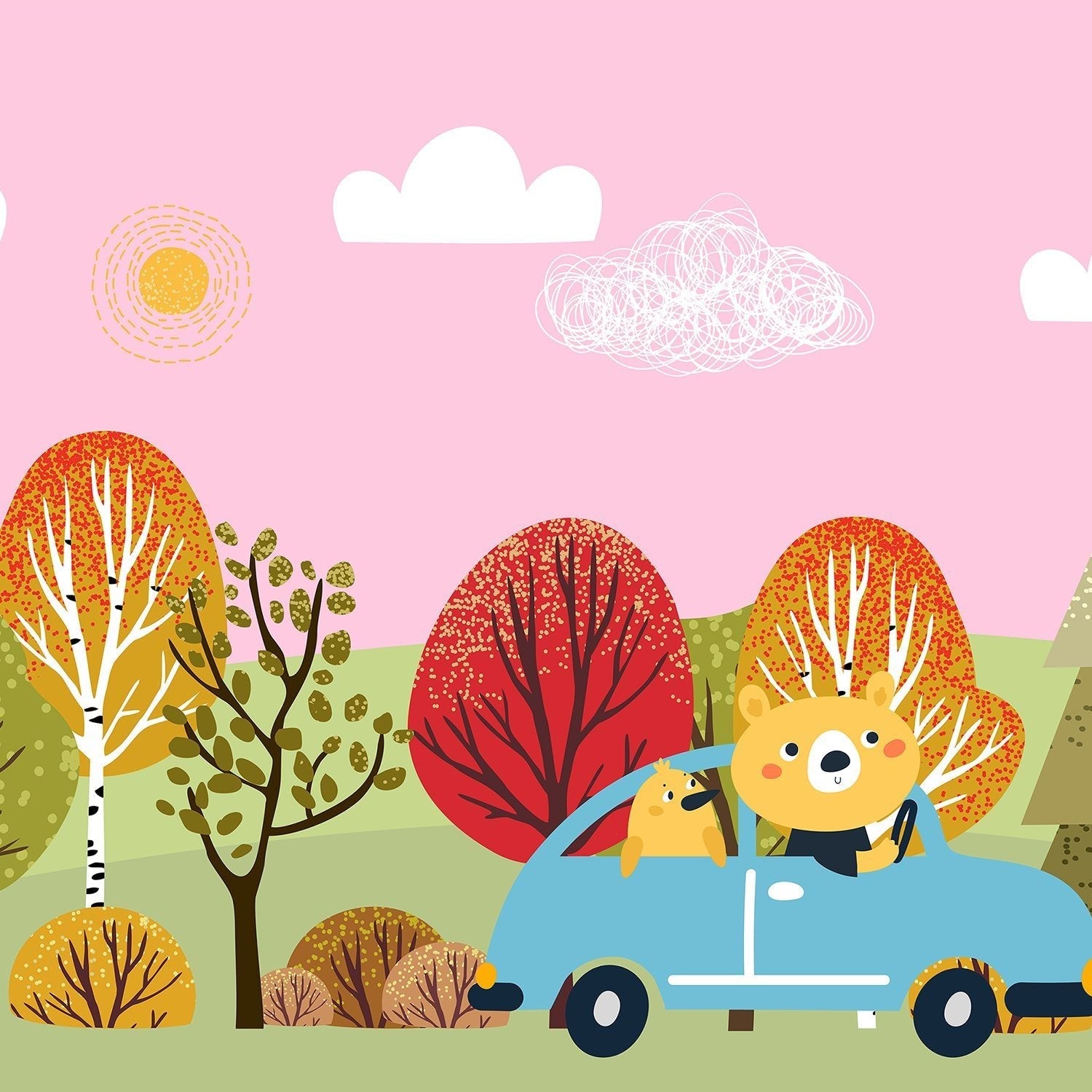 Cartoon bear driving blue car through colorful autumn forest landscape with whimsical trees - view 18 - final