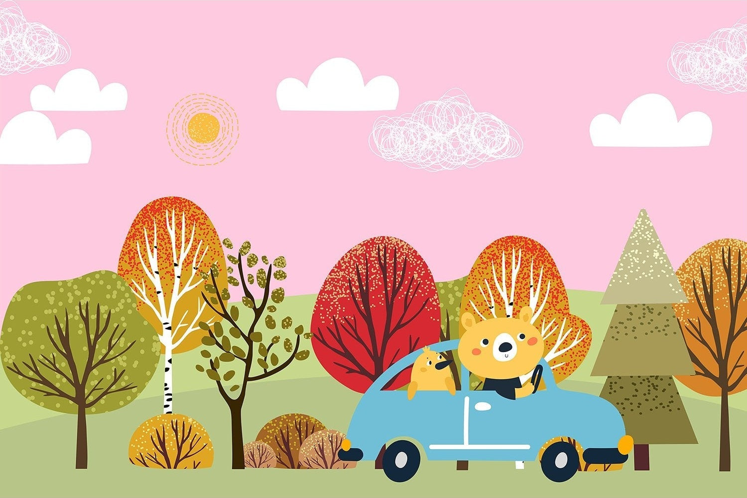 Woodland creatures adventure in lea - kids wallpaper mural-inequal final