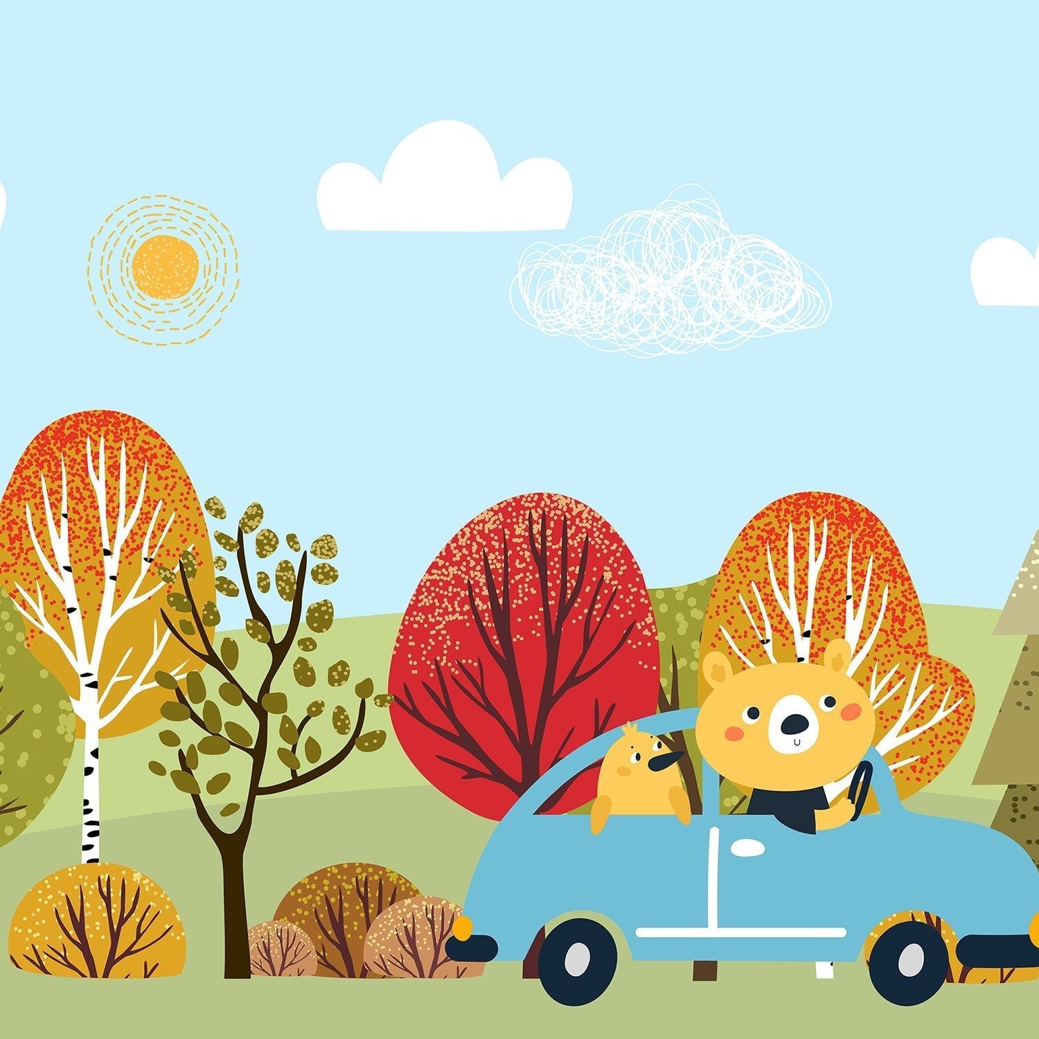 Cartoon bear driving blue car through colorful autumn forest landscape with whimsical trees - view 2 - final