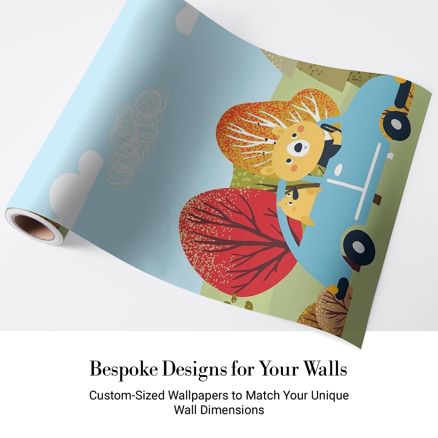 Cartoon bear driving blue car through colorful autumn forest landscape with whimsical trees - view 3 - final