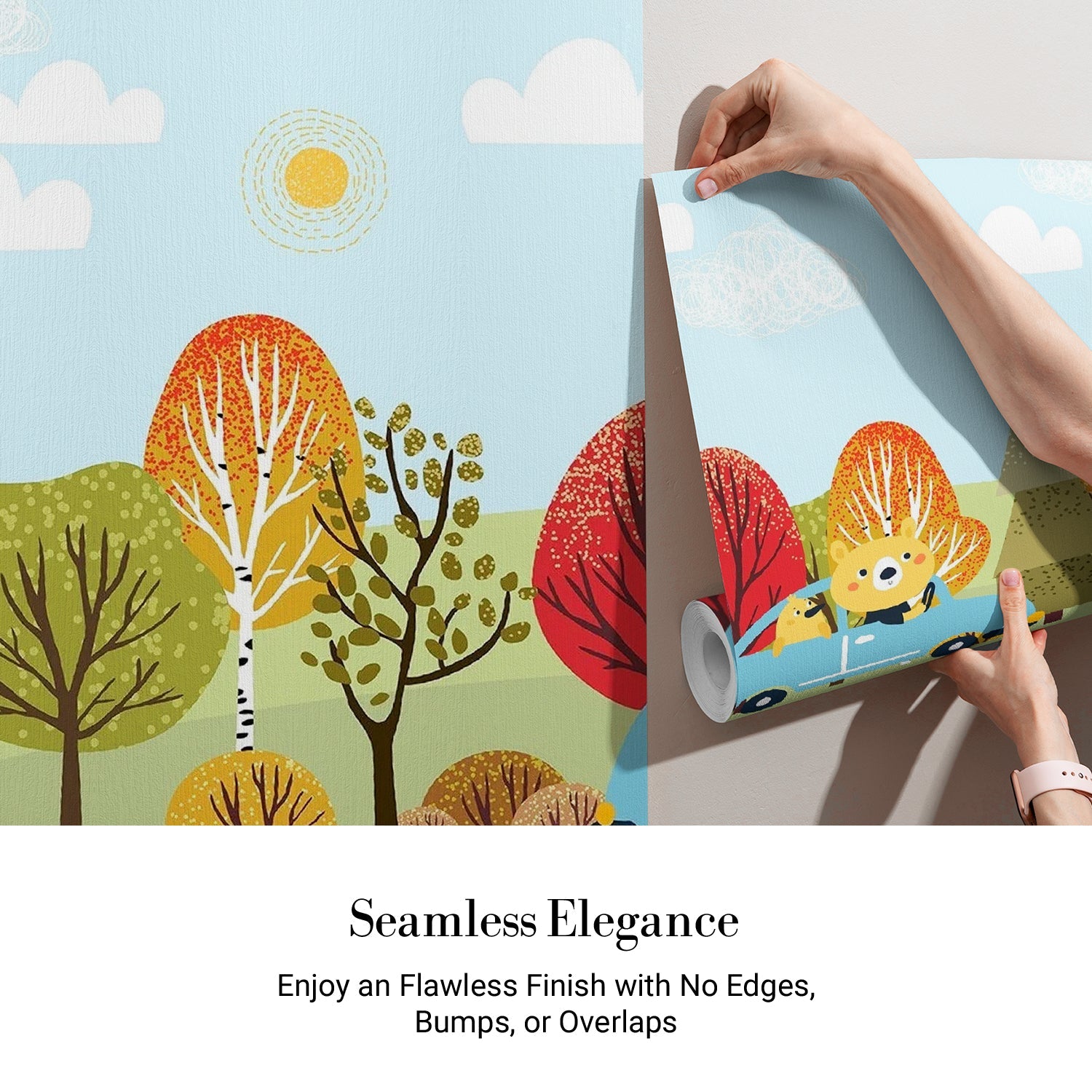 Cartoon bear driving blue car through colorful autumn forest landscape with whimsical trees - view 4 - final