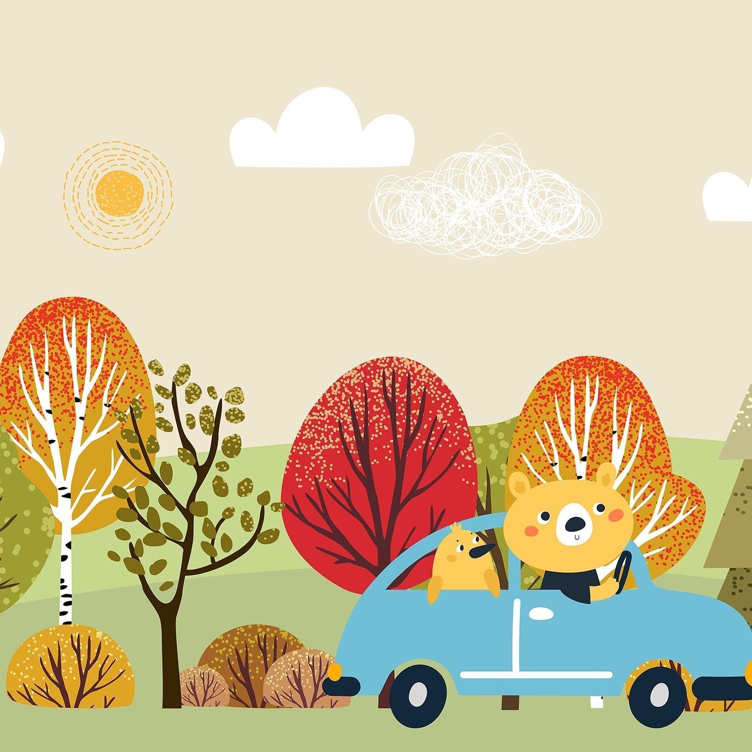 Cartoon bear driving blue car through colorful autumn forest landscape with whimsical trees - view 8 - final