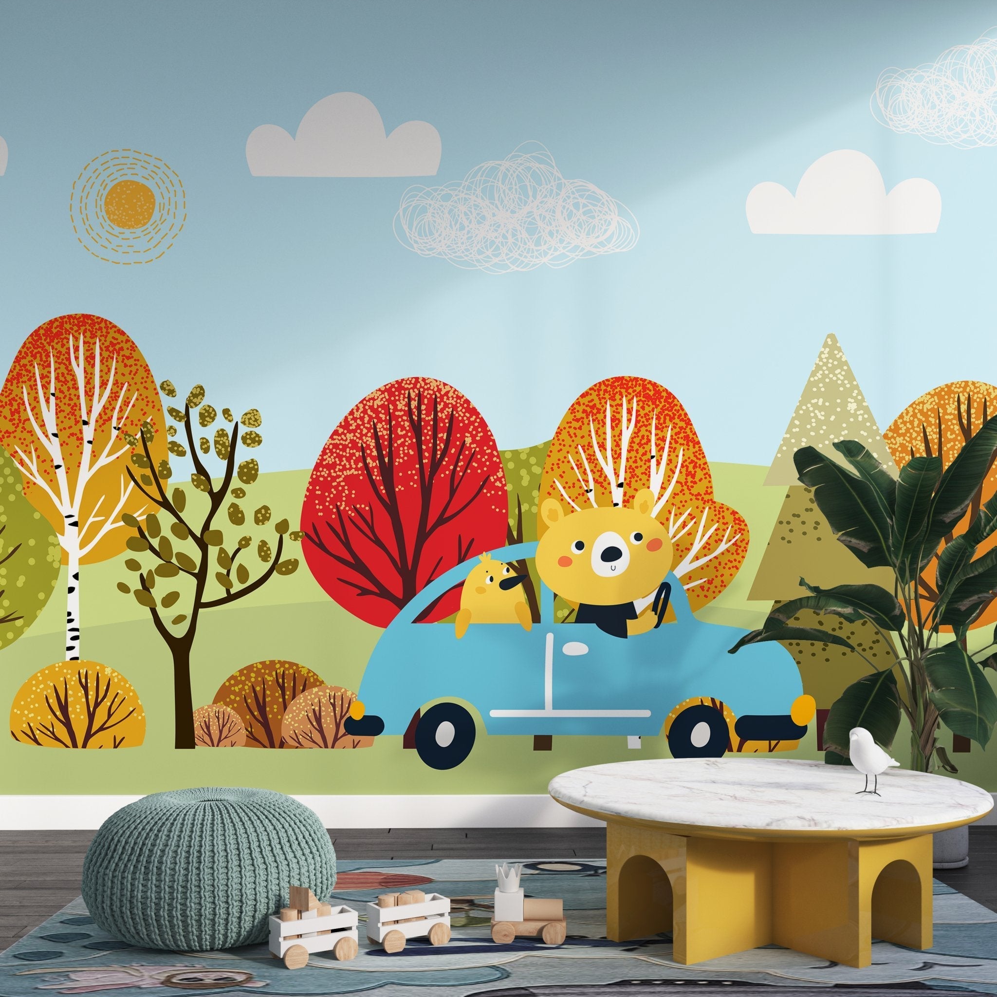 Cartoon bear driving blue car through colorful autumn forest landscape with whimsical trees - final kids-room