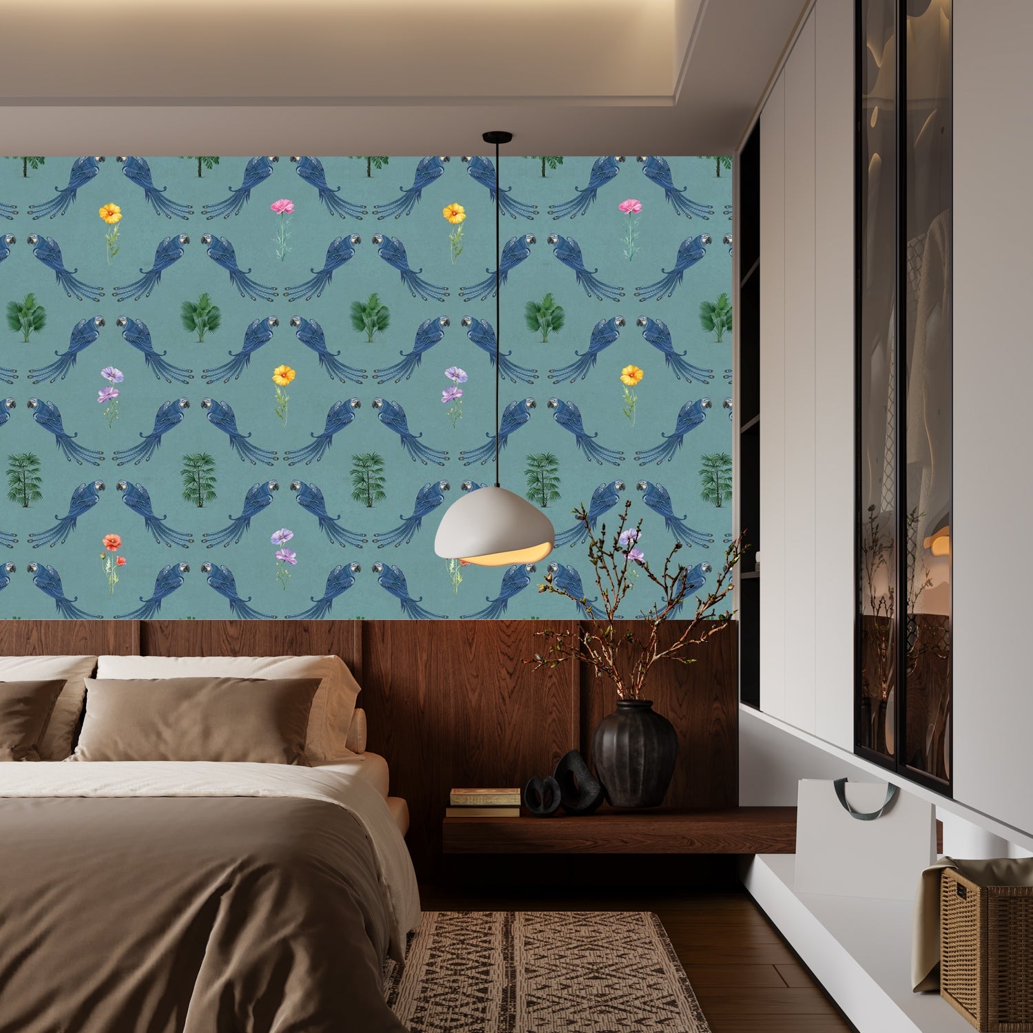 Repeating blue bird wreaths with colorful flowers on dusty blue background in damask style - view 10 - final