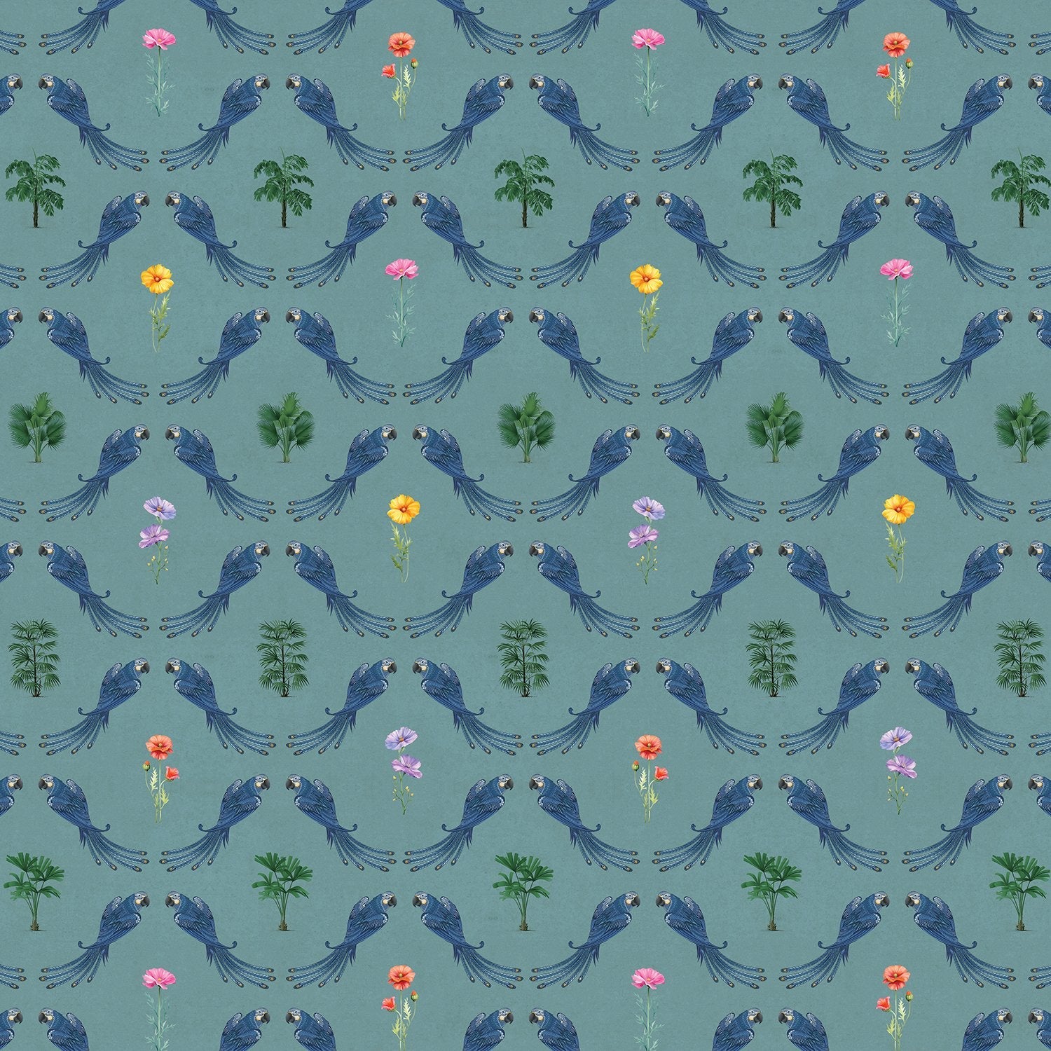 Repeating blue bird wreaths with colorful flowers on dusty blue background in damask style - view 11 - final