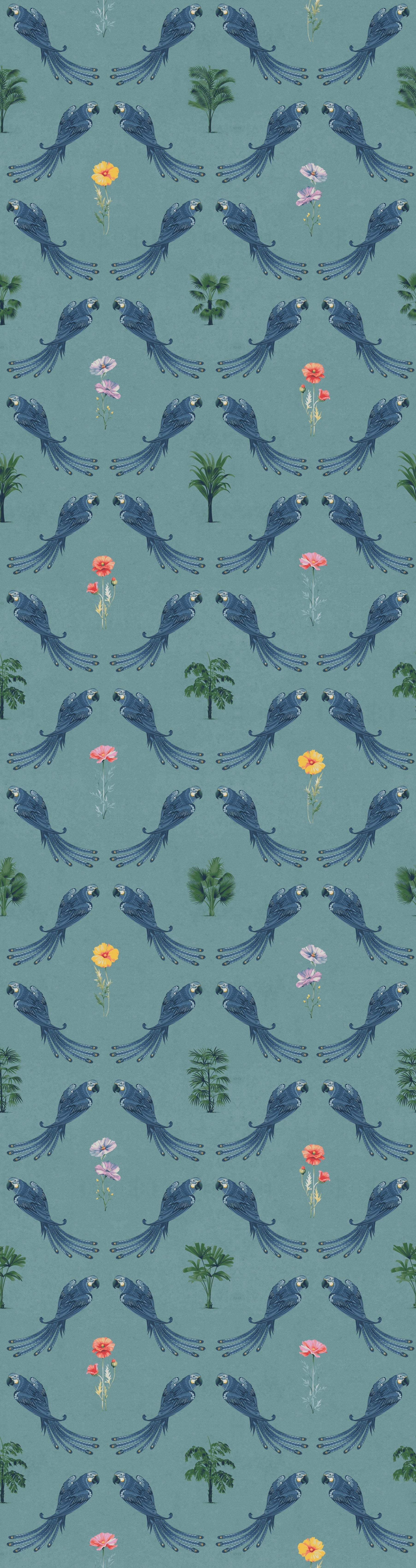 Repeating blue bird wreaths with colorful flowers on dusty blue background in damask style - view 14 - repeat-original - final