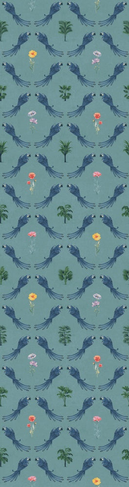 Repeating blue bird wreaths with colorful flowers on dusty blue background in damask style - view 15 - repeat-small - final