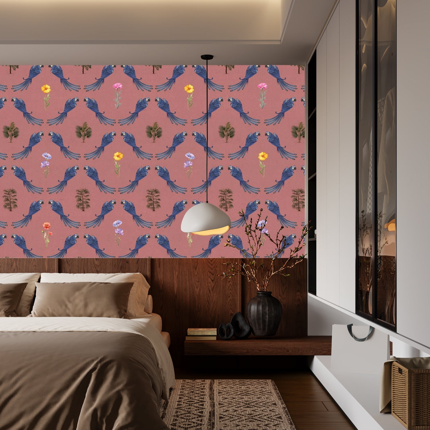 Repeating blue bird wreaths with colorful flowers on dusty blue background in damask style - view 16 - final