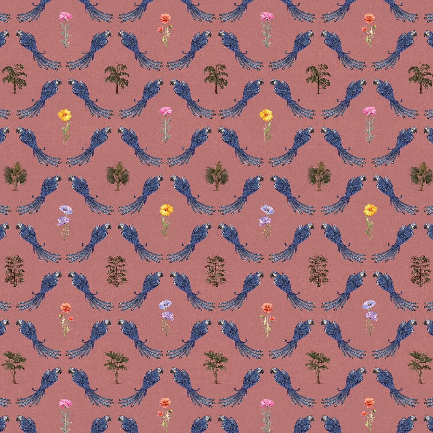 Repeating blue bird wreaths with colorful flowers on dusty blue background in damask style - view 17 - final