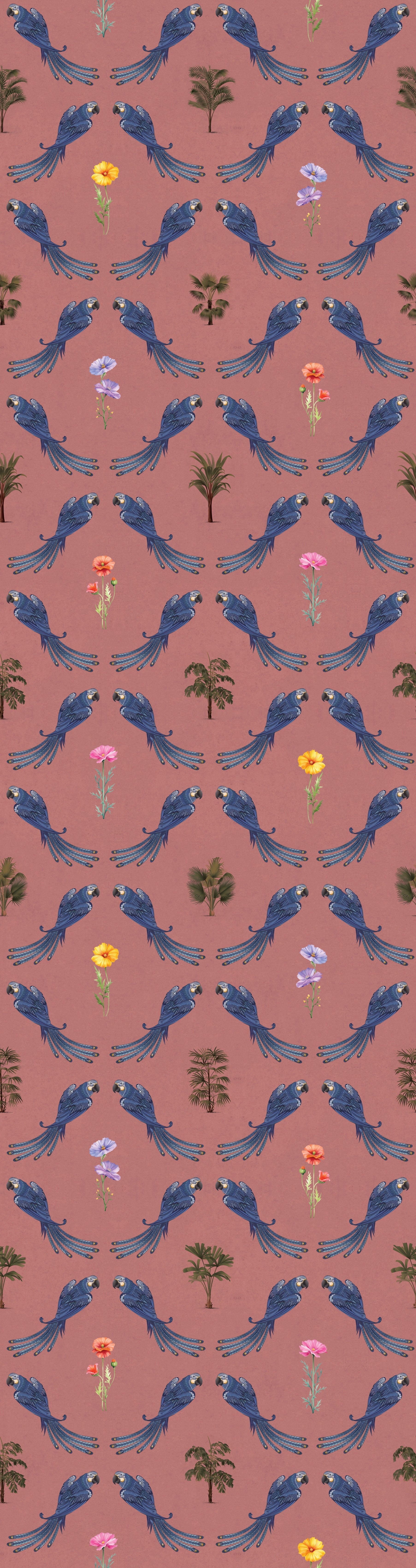 Repeating blue bird wreaths with colorful flowers on dusty blue background in damask style - view 21 - repeat-original - final