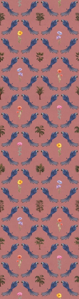 Repeating blue bird wreaths with colorful flowers on dusty blue background in damask style - view 22 - repeat-small - final