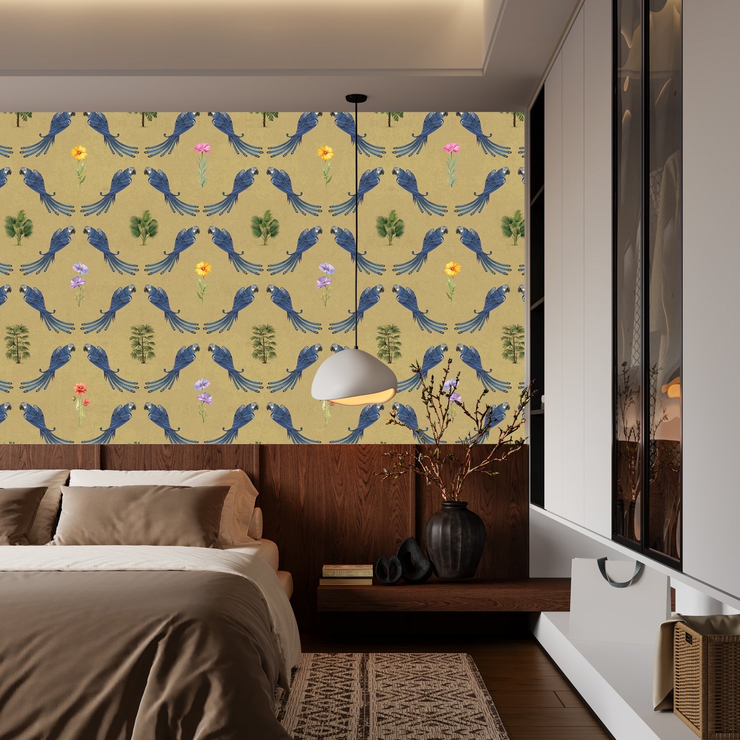 Repeating blue bird wreaths with colorful flowers on dusty blue background in damask style - view 23 - final