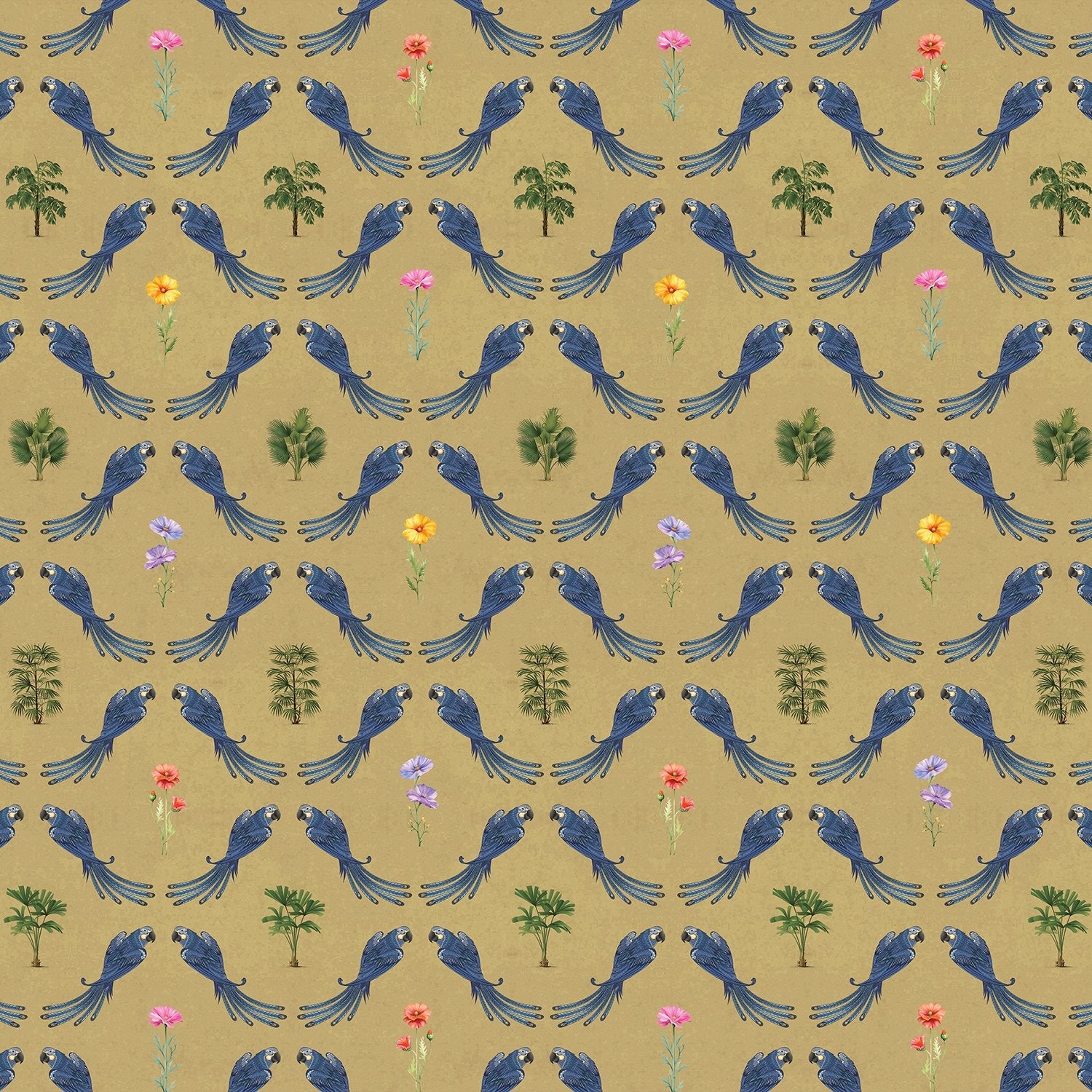 Repeating blue bird wreaths with colorful flowers on dusty blue background in damask style - view 24 - final