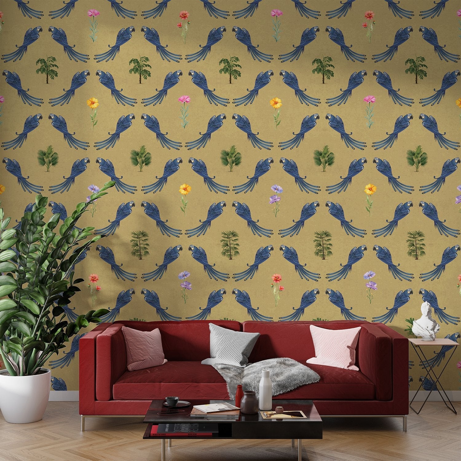 Repeating blue bird wreaths with colorful flowers on dusty blue background in damask style - view 25 - final