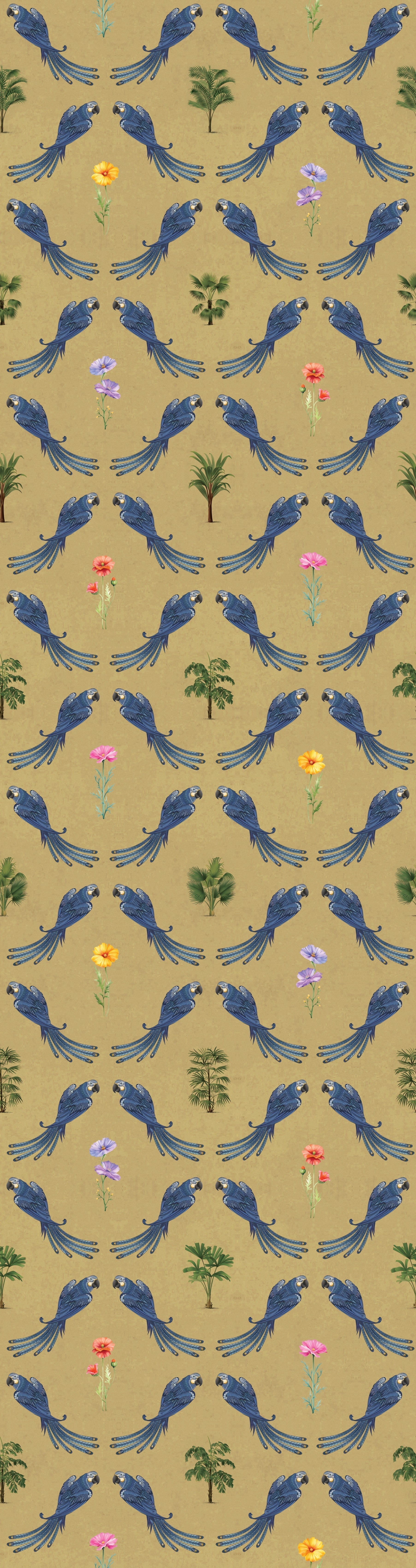 Repeating blue bird wreaths with colorful flowers on dusty blue background in damask style - view 27 - repeat-original - final