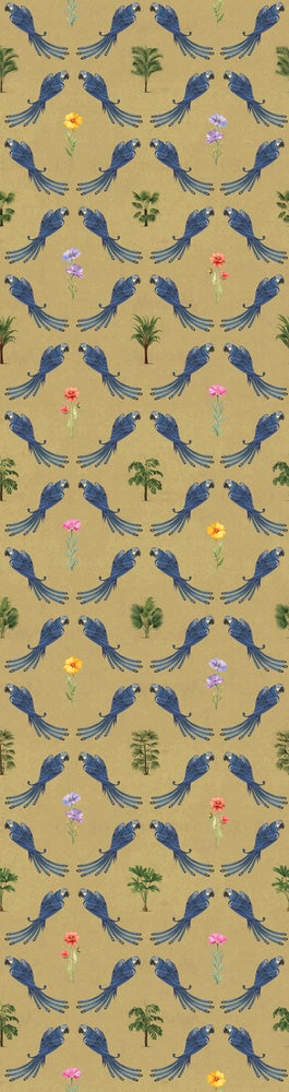 Repeating blue bird wreaths with colorful flowers on dusty blue background in damask style - view 28 - repeat-small - final
