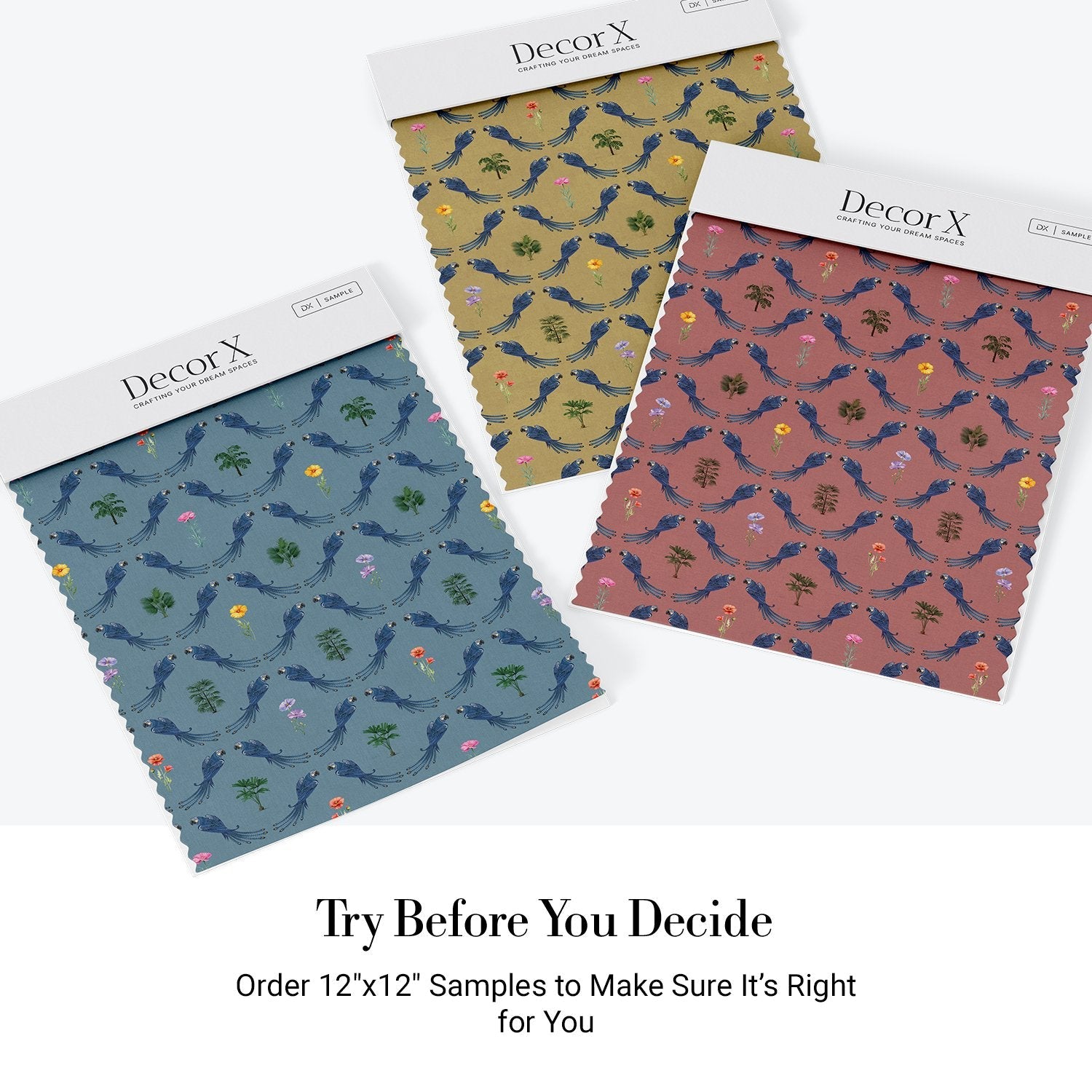 Repeating blue bird wreaths with colorful flowers on dusty blue background in damask style - view 29 - final all-groups samples