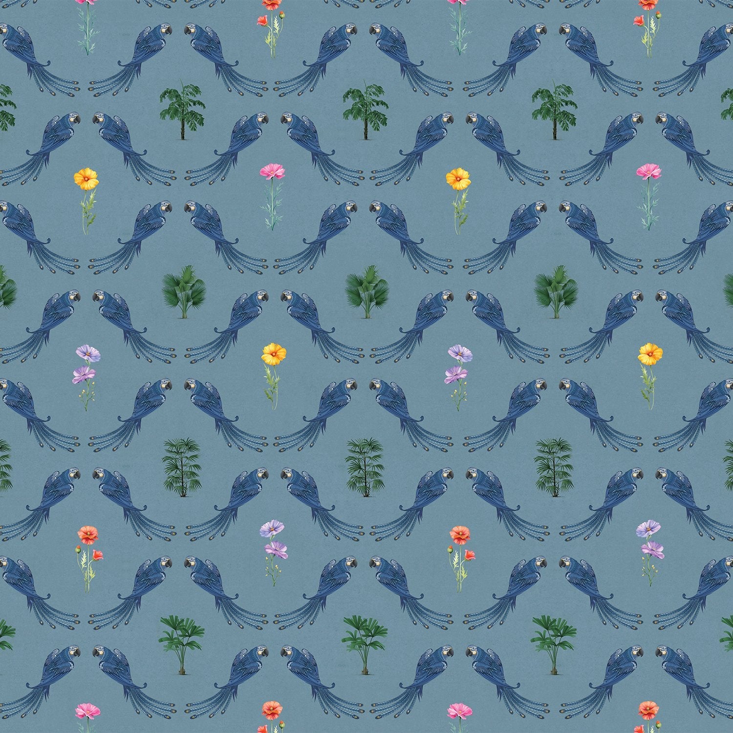 Repeating blue bird wreaths with colorful flowers on dusty blue background in damask style - view 3 - final