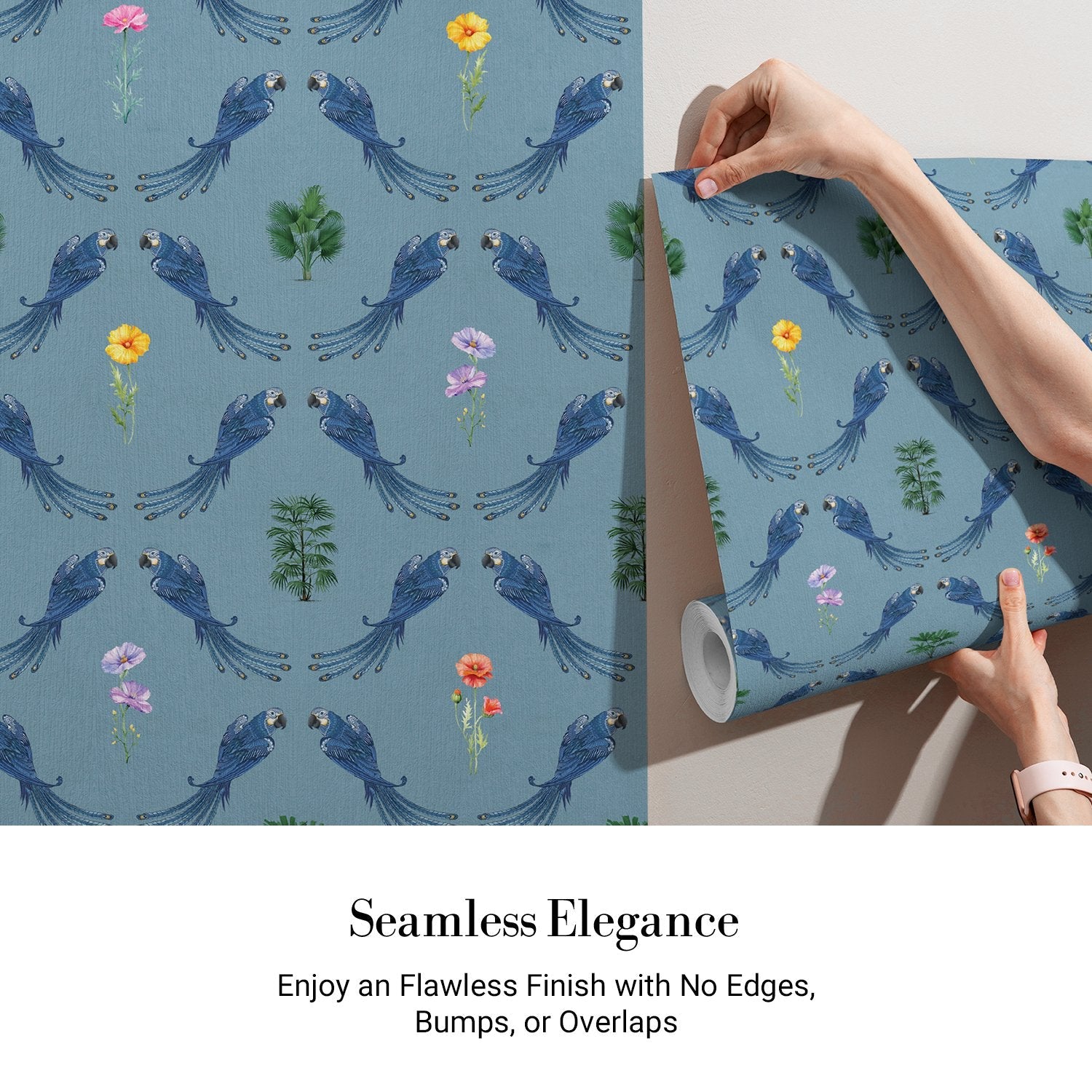 Repeating blue bird wreaths with colorful flowers on dusty blue background in damask style - view 4 - final