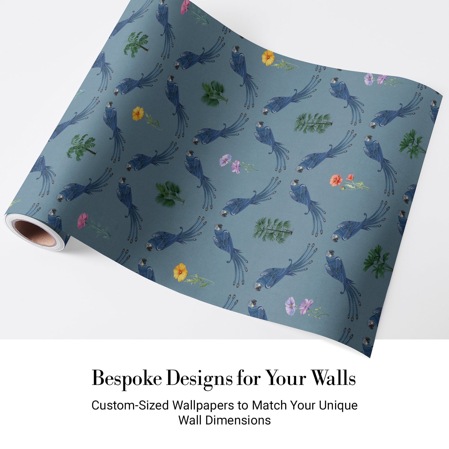 Repeating blue bird wreaths with colorful flowers on dusty blue background in damask style - view 5 - final