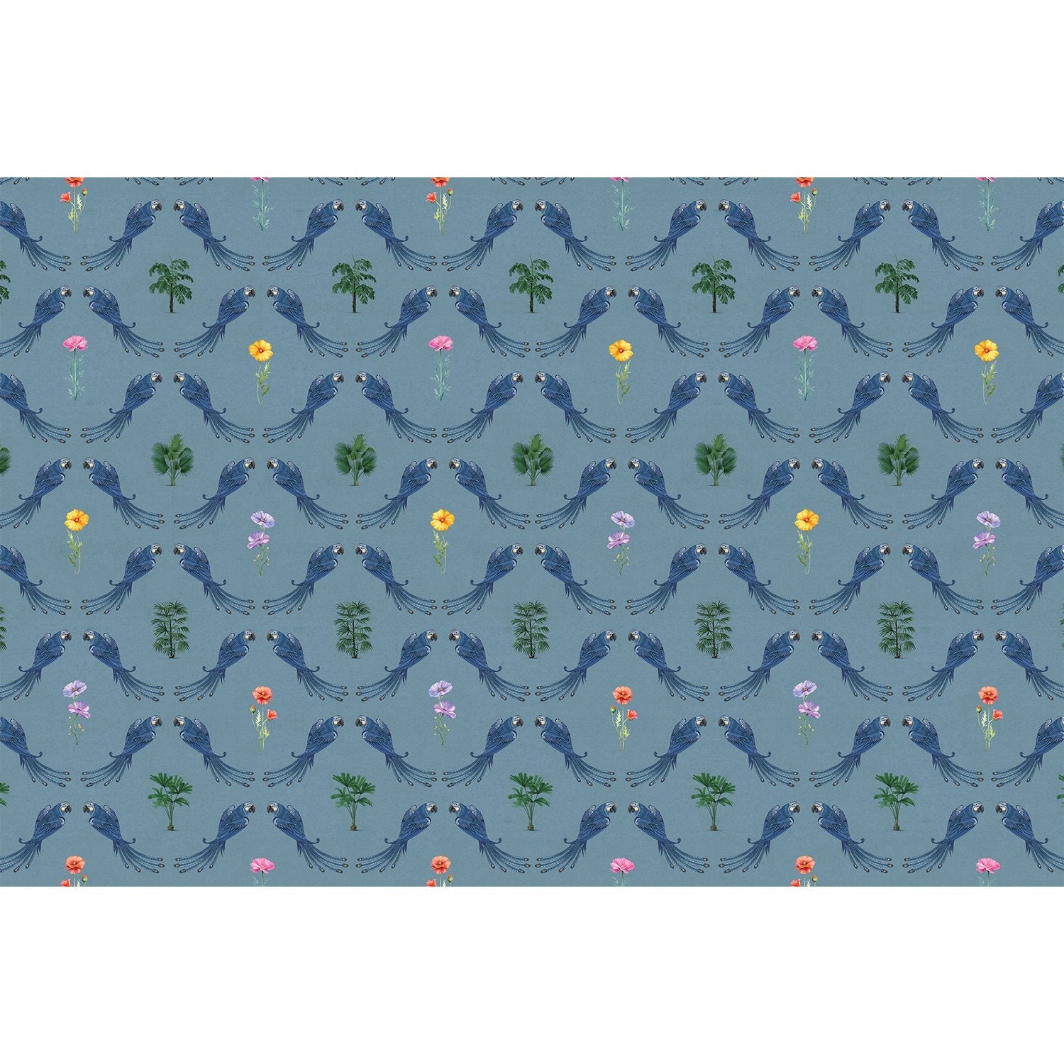 Repeating blue bird wreaths with colorful flowers on dusty blue background in damask style - view 6 - repeat-full-square - final