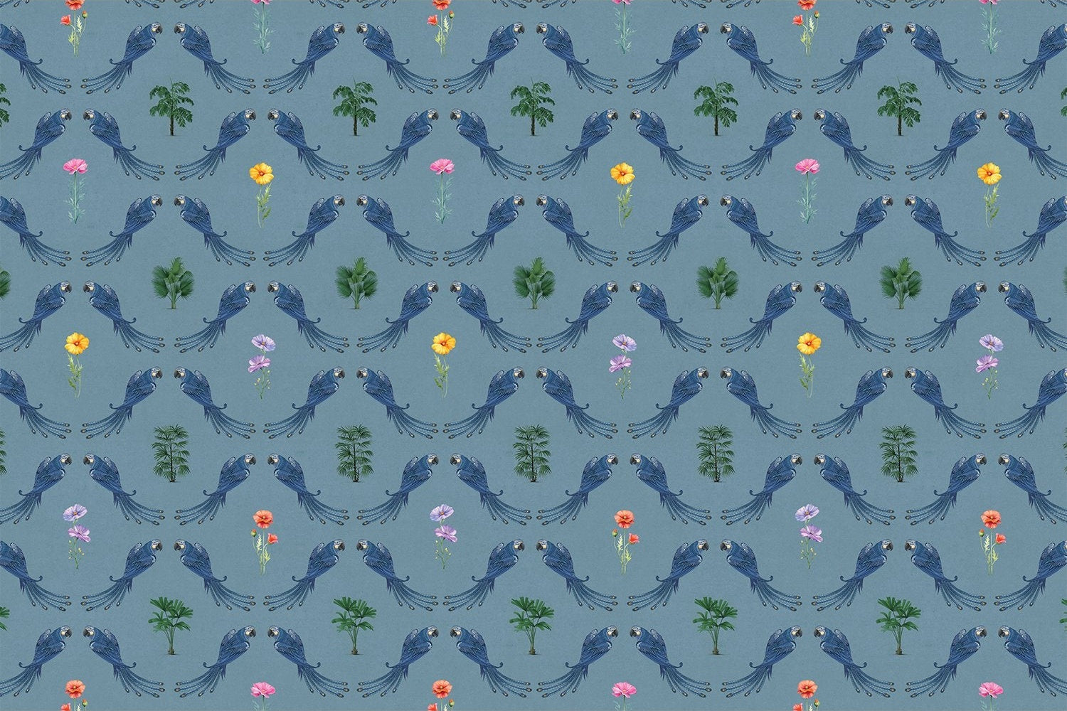 Repeating blue bird wreaths with colorful flowers on dusty blue background in damask style - view 7 - final