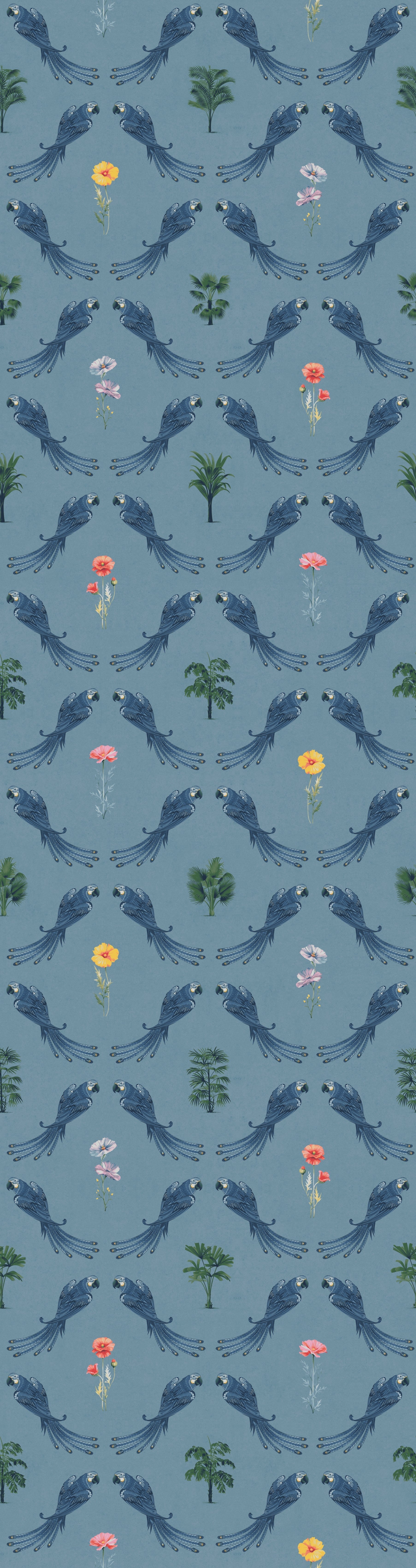 Repeating blue bird wreaths with colorful flowers on dusty blue background in damask style - view 8 - repeat-original - final