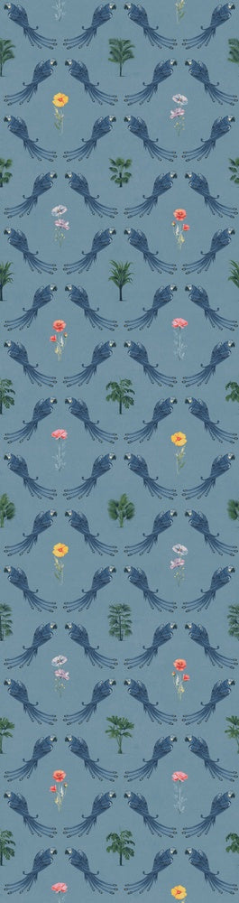 Repeating blue bird wreaths with colorful flowers on dusty blue background in damask style - view 9 - repeat-small - final
