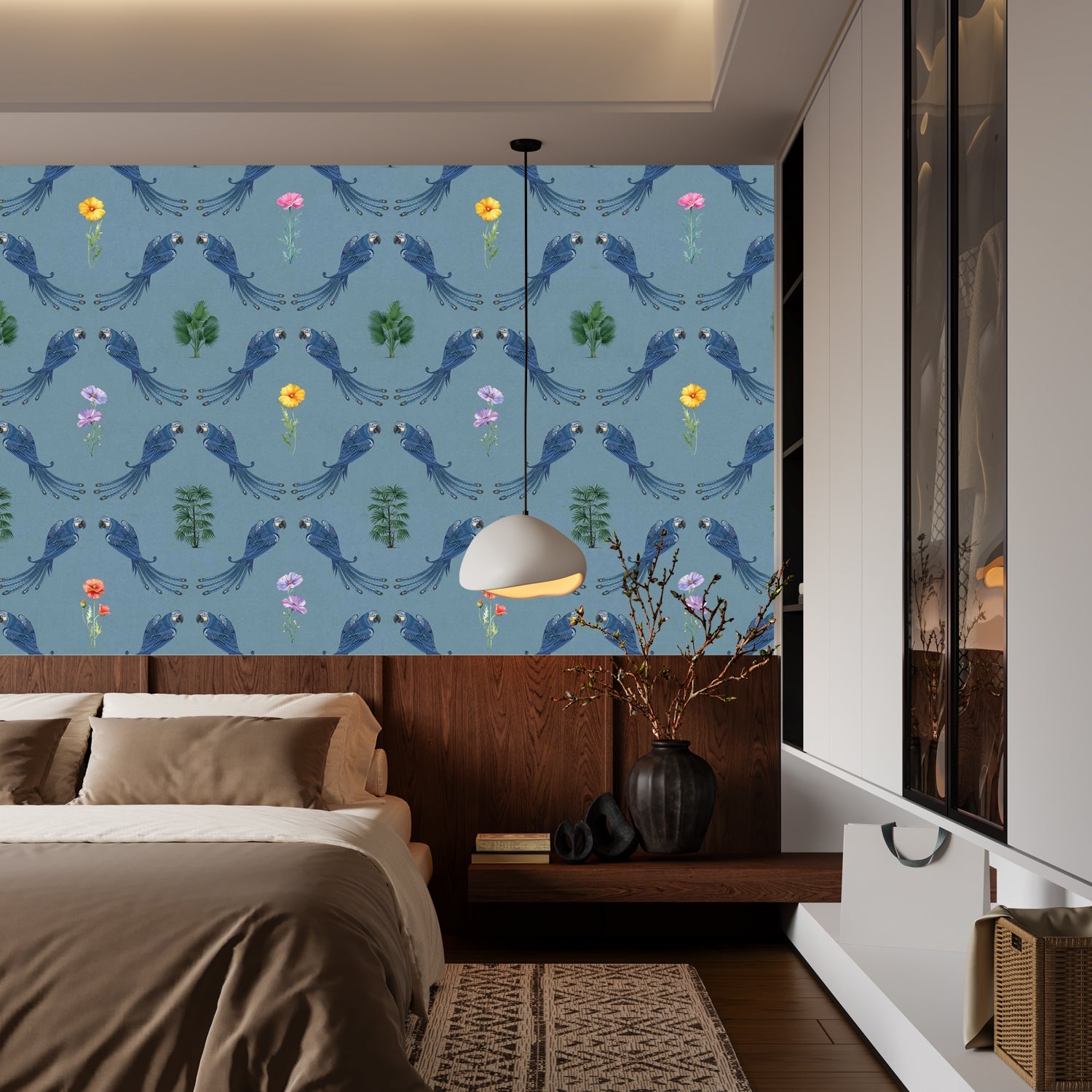 Repeating blue bird wreaths with colorful flowers on dusty blue background in damask style - final bed-room