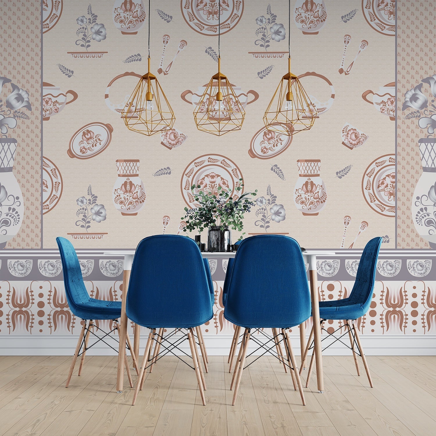 Classic blue and white porcelain pattern with vases and chandeliers on light background - view 11 - final