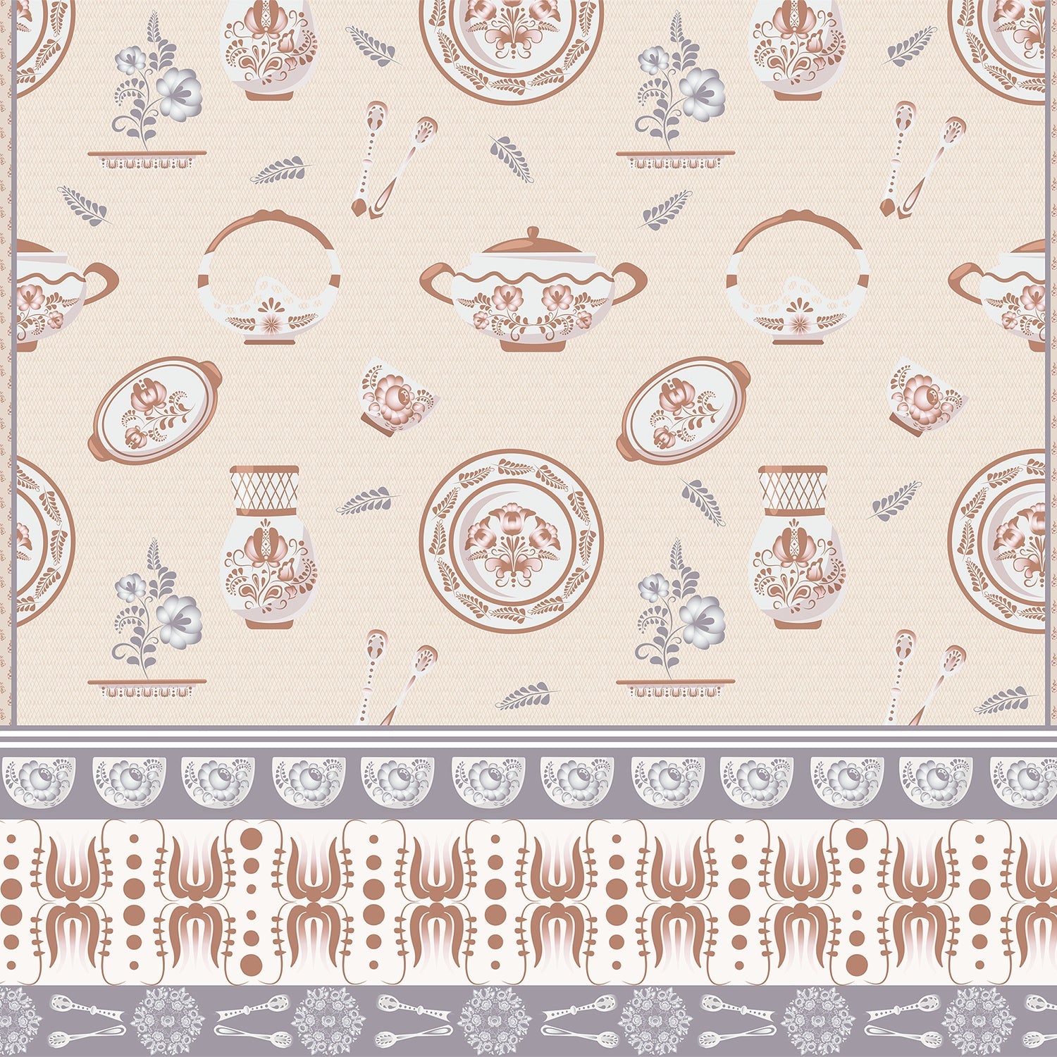Classic blue and white porcelain pattern with vases and chandeliers on light background - view 12 - final