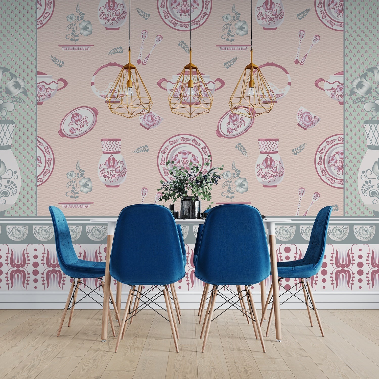 Classic blue and white porcelain pattern with vases and chandeliers on light background - view 15 - final