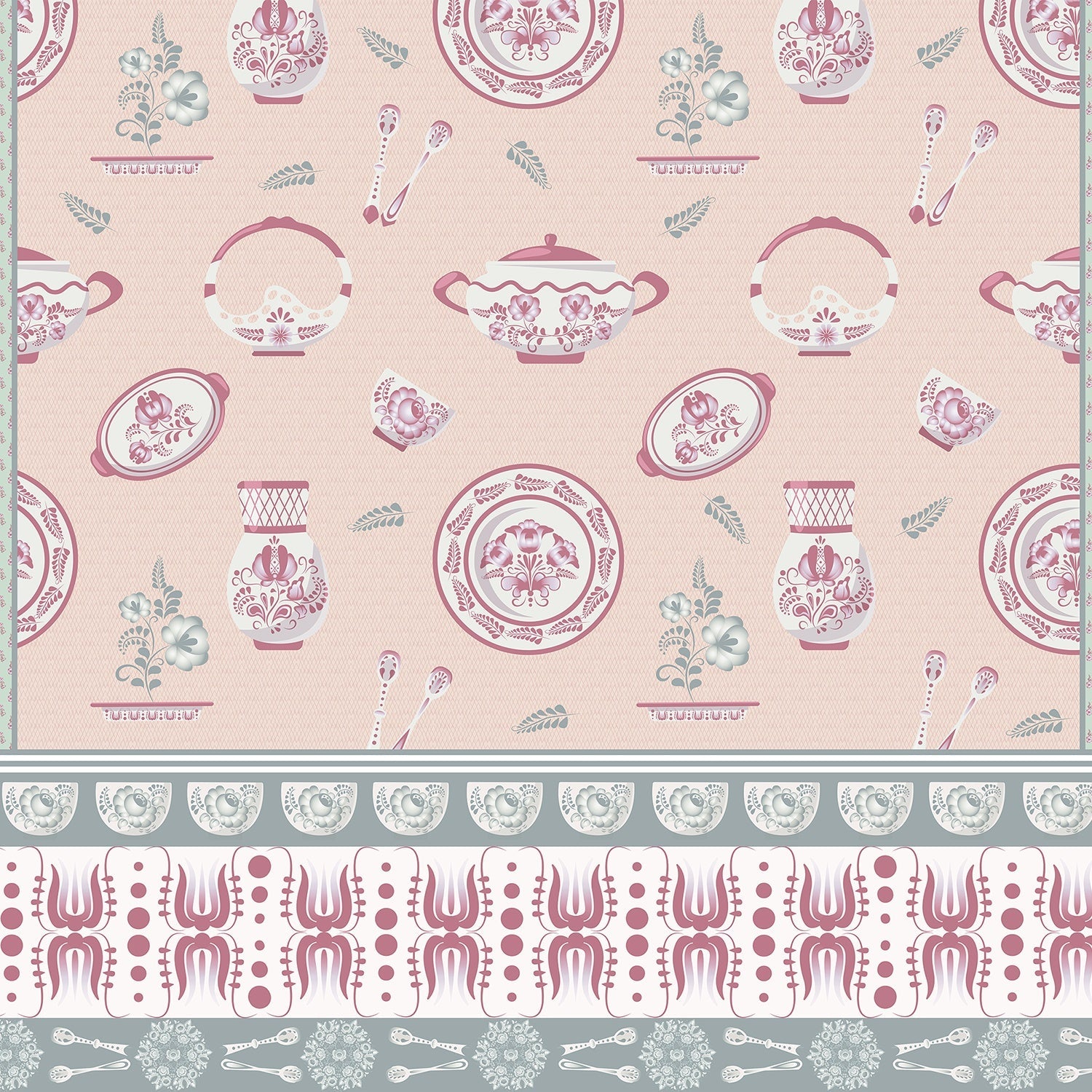Classic blue and white porcelain pattern with vases and chandeliers on light background - view 16 - final