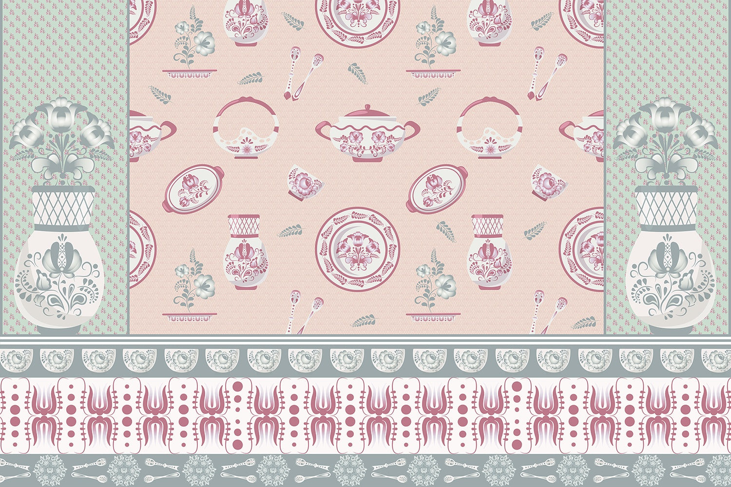 "Porcelain tableware pattern in lea - european wallpaper mural-inequal final"