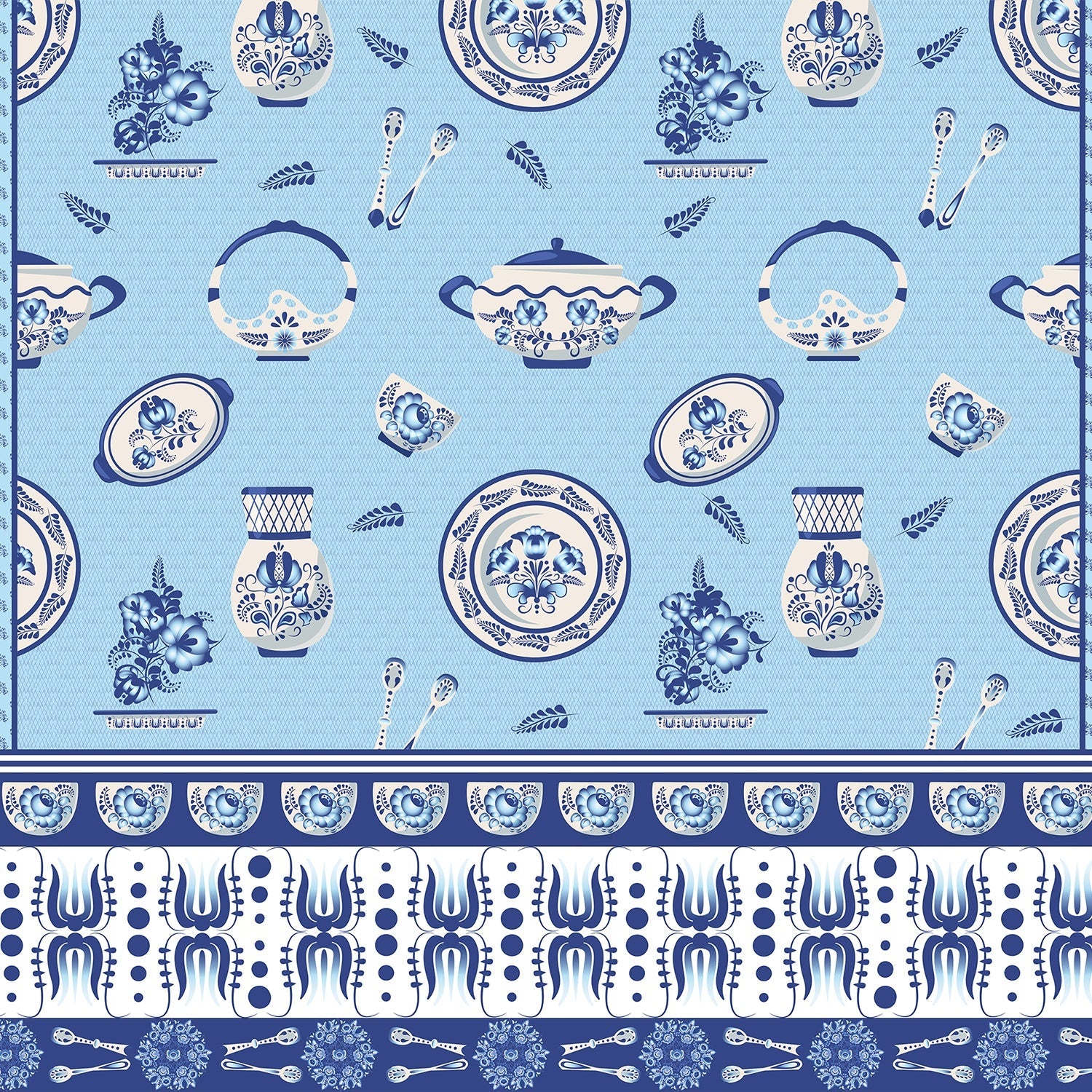 Classic blue and white porcelain pattern with vases and chandeliers on light background - view 2 - final