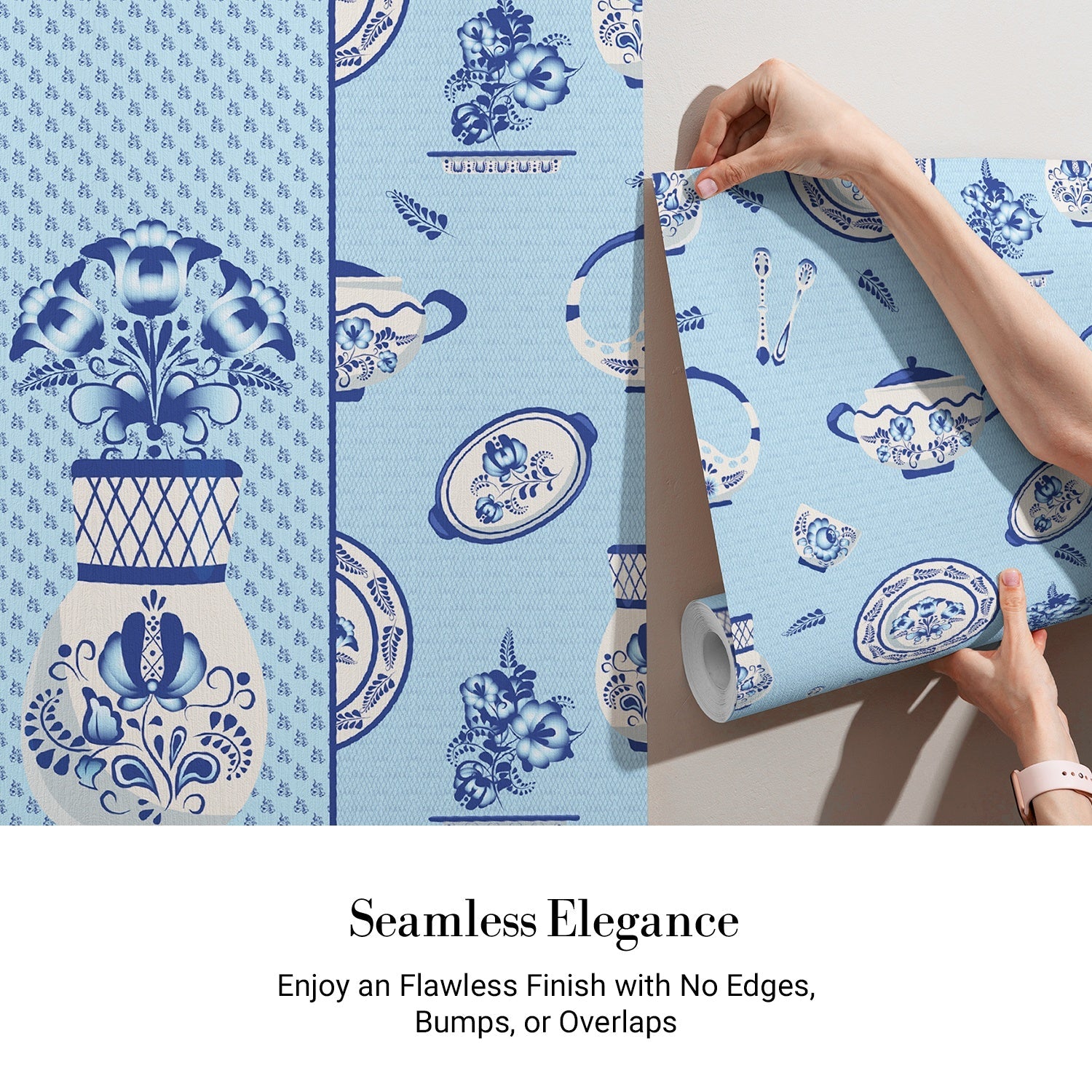 Classic blue and white porcelain pattern with vases and chandeliers on light background - view 3 - final