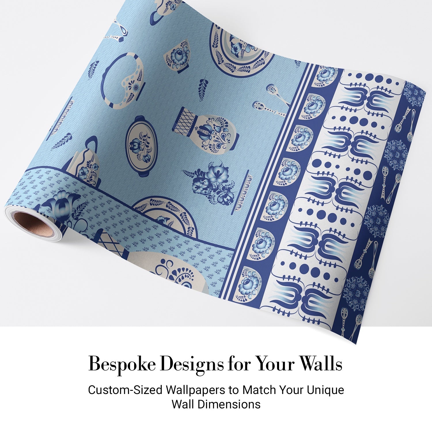 Classic blue and white porcelain pattern with vases and chandeliers on light background - view 4 - final