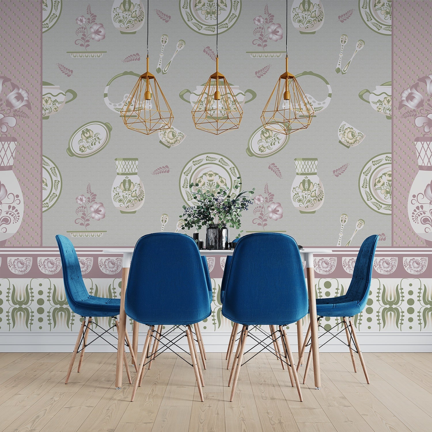 Classic blue and white porcelain pattern with vases and chandeliers on light background - view 7 - final