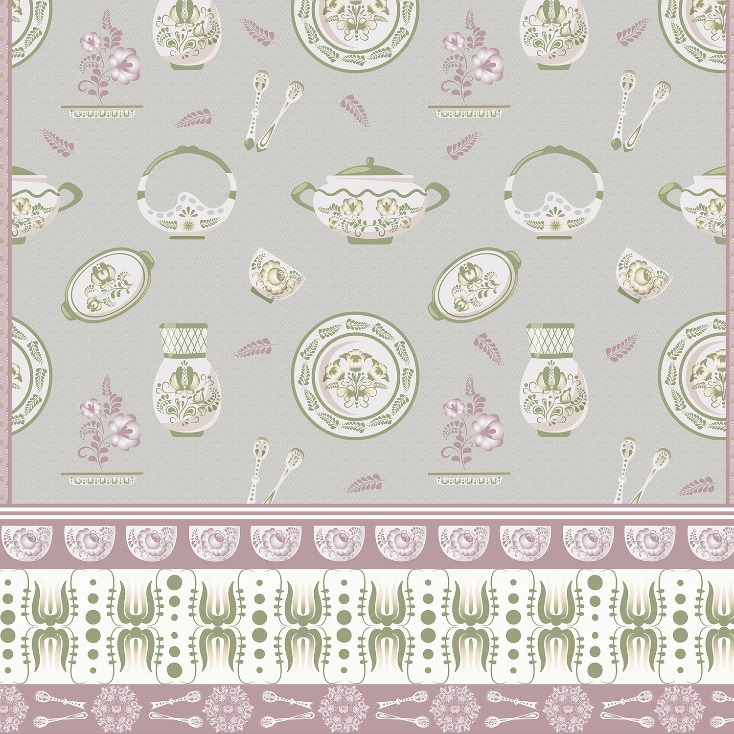 Classic blue and white porcelain pattern with vases and chandeliers on light background - view 8 - final