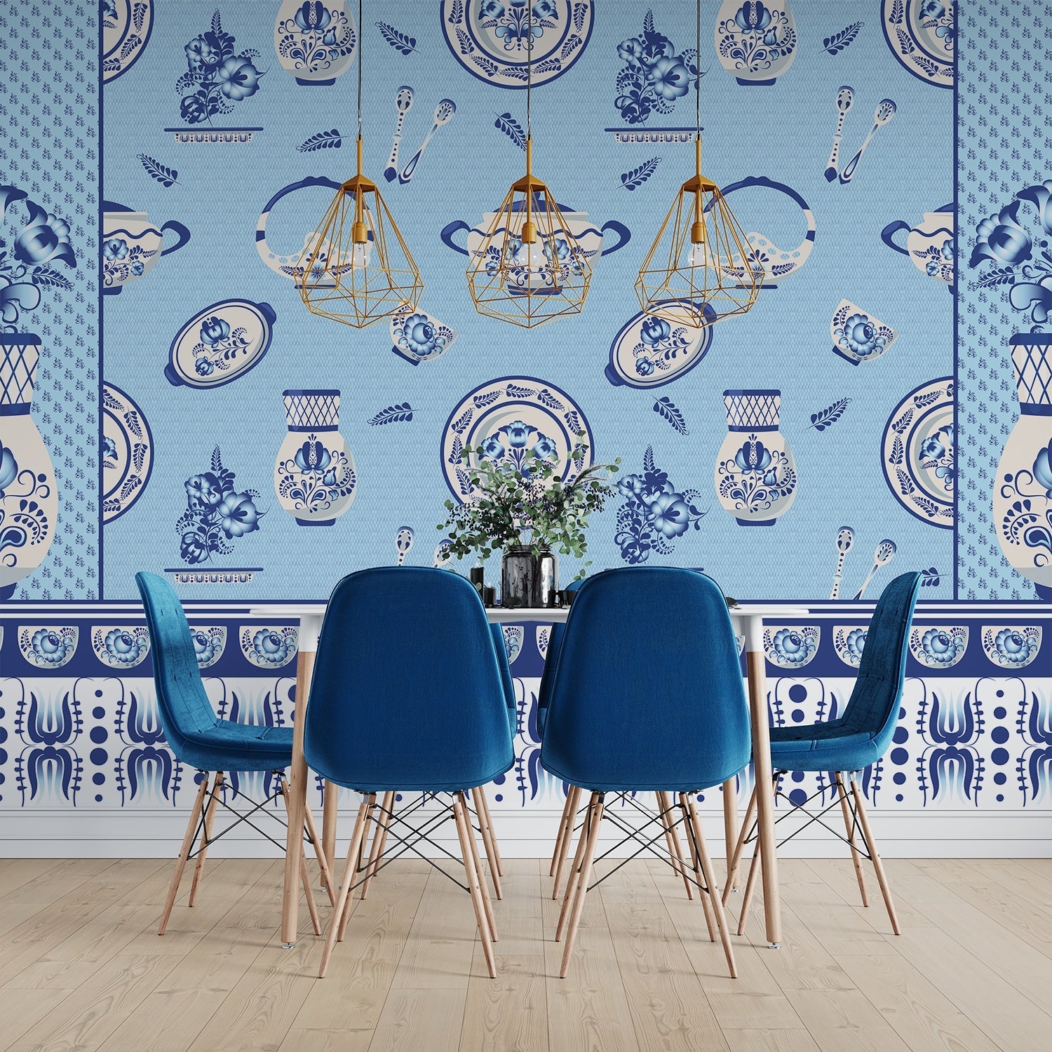 Classic blue and white porcelain pattern with vases and chandeliers on light background - final dining-room