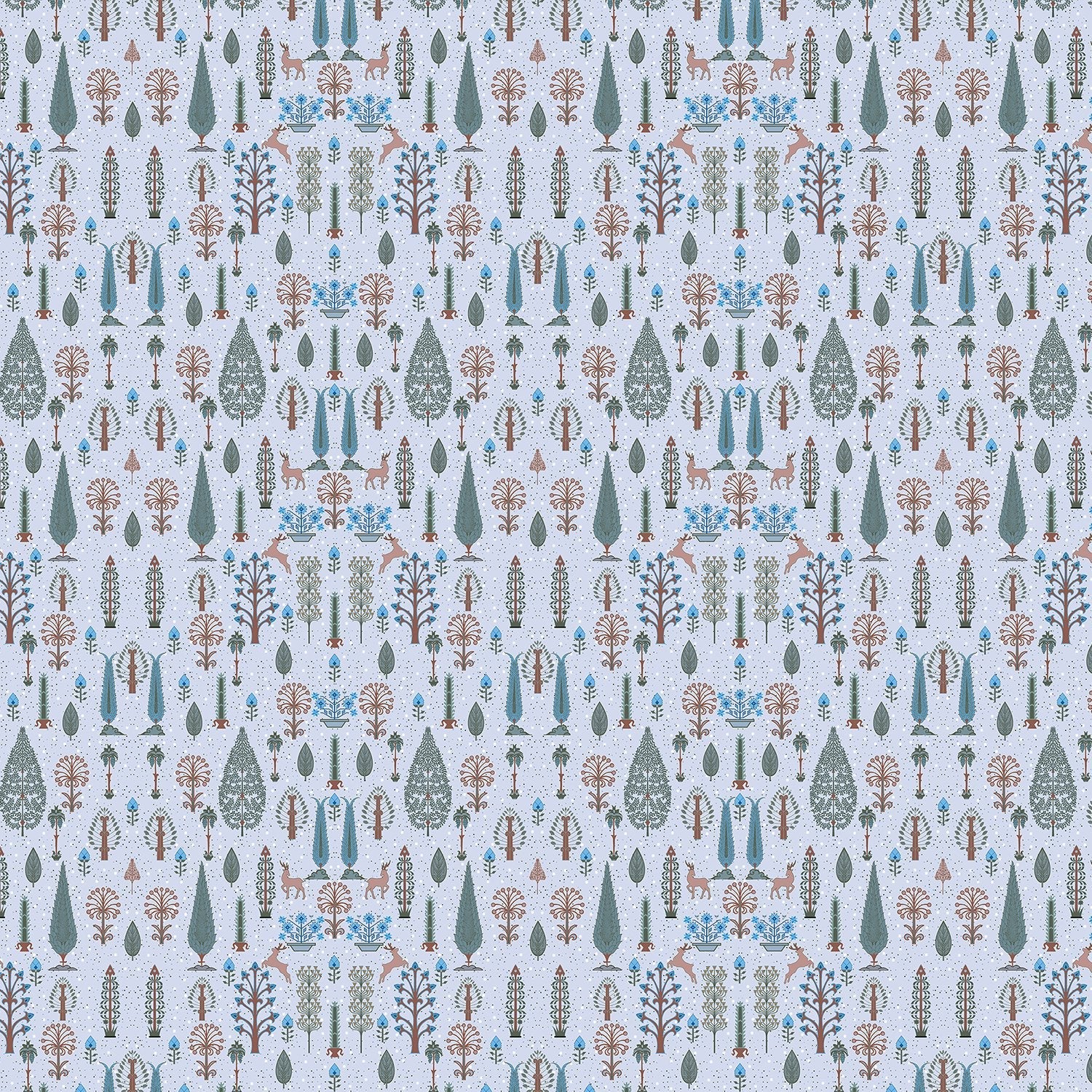 Whimsical forest pattern with stylized cypress trees and folk art floral elements - view 10 - final