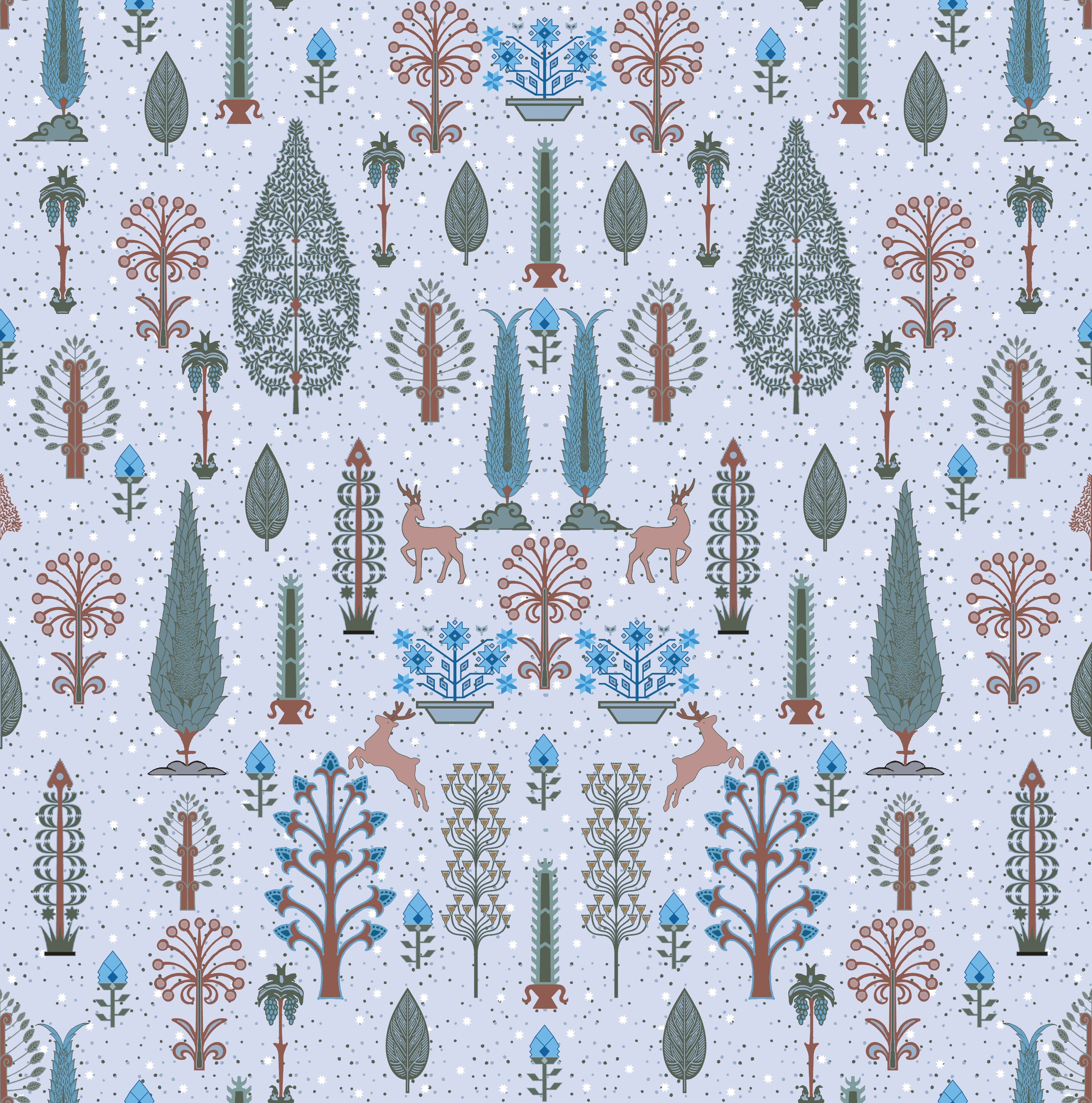 Whimsical forest pattern with stylized cypress trees and folk art floral elements - view 12 - repeat-original - final