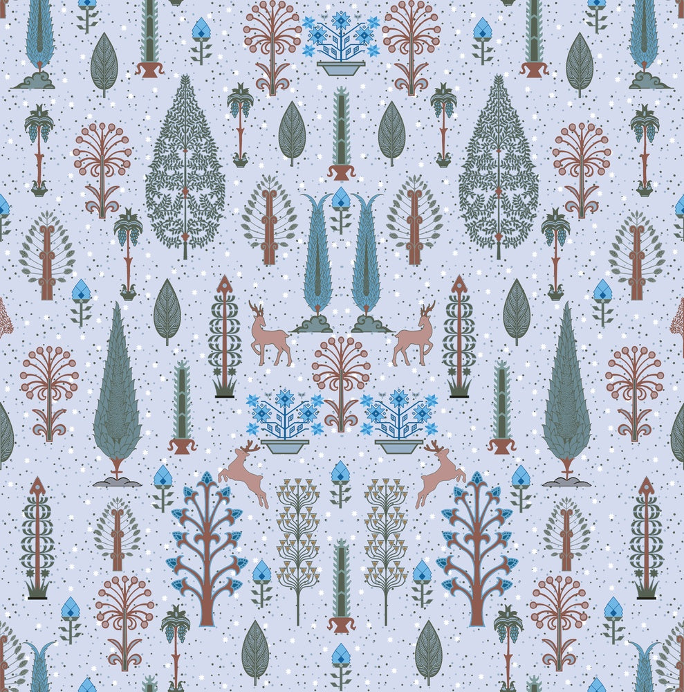 Whimsical forest pattern with stylized cypress trees and folk art floral elements - view 13 - repeat-small - final
