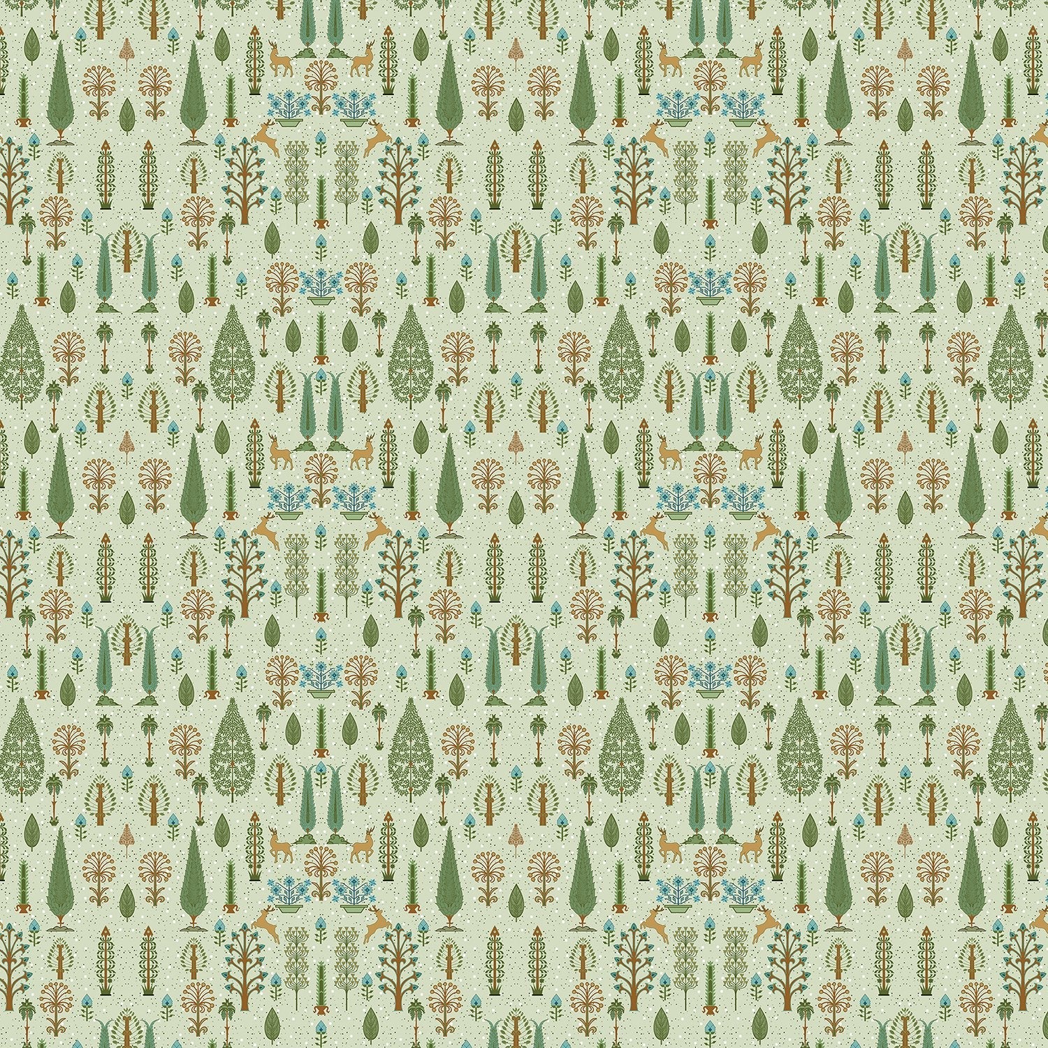 Whimsical forest pattern with stylized cypress trees and folk art floral elements - view 15 - final