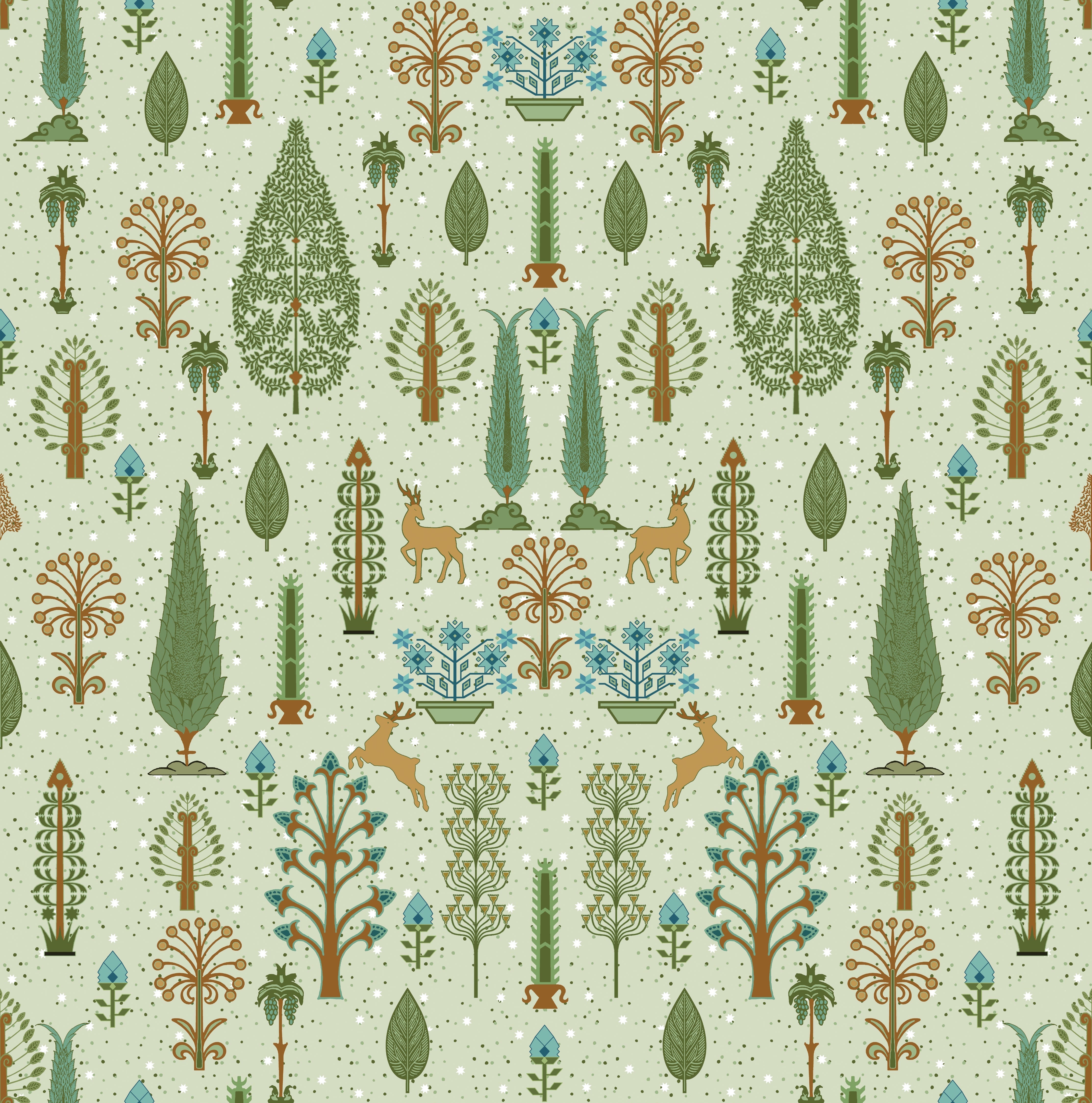 Whimsical forest pattern with stylized cypress trees and folk art floral elements - view 17 - repeat-original - final
