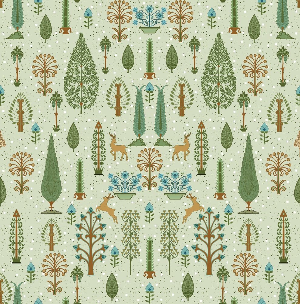 Whimsical forest pattern with stylized cypress trees and folk art floral elements - view 18 - repeat-small - final